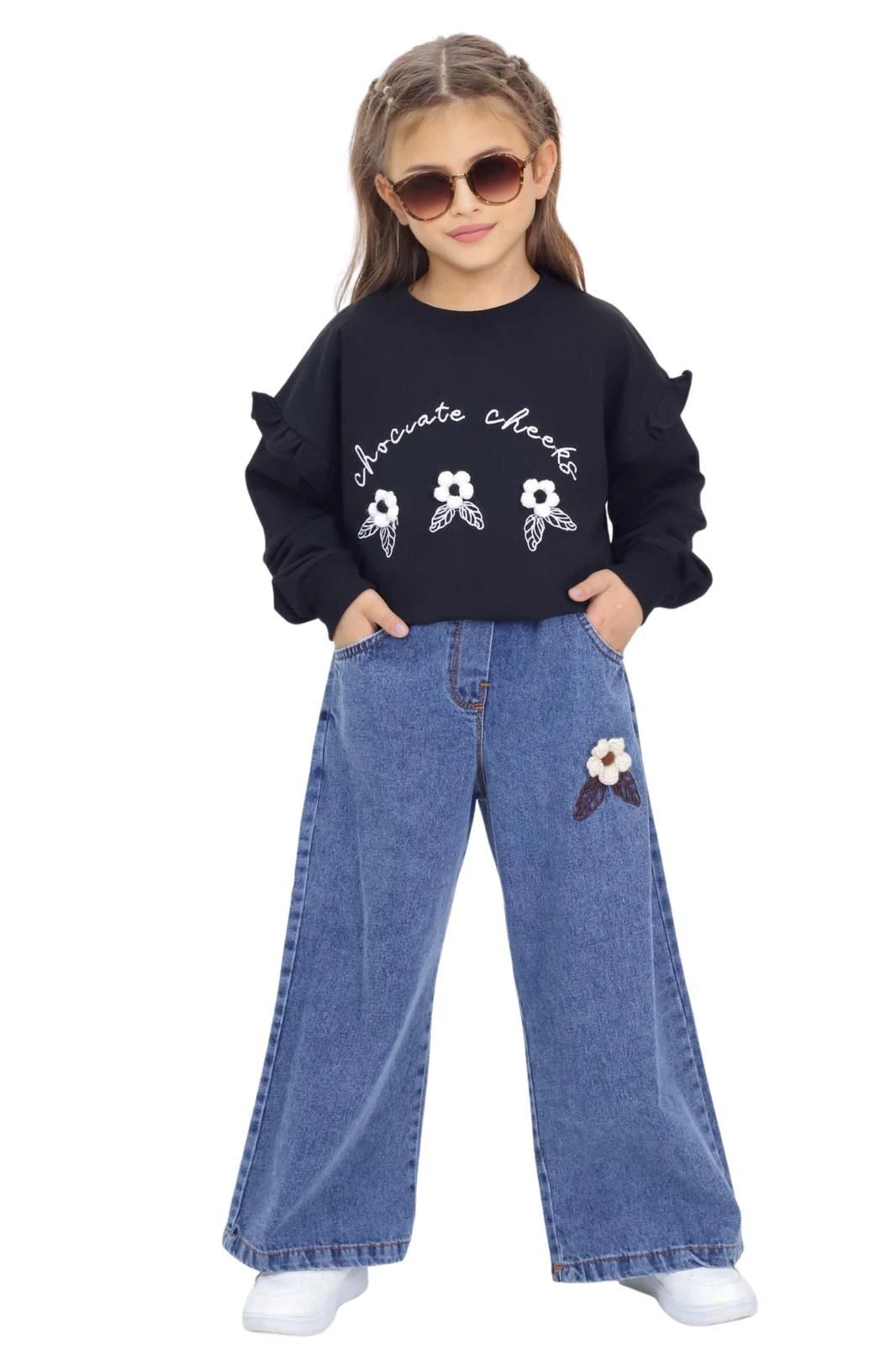 KIZ ÇOCUK ÜÇ ÇİÇEKLİ 2Lİ TAKIM - SİYAH