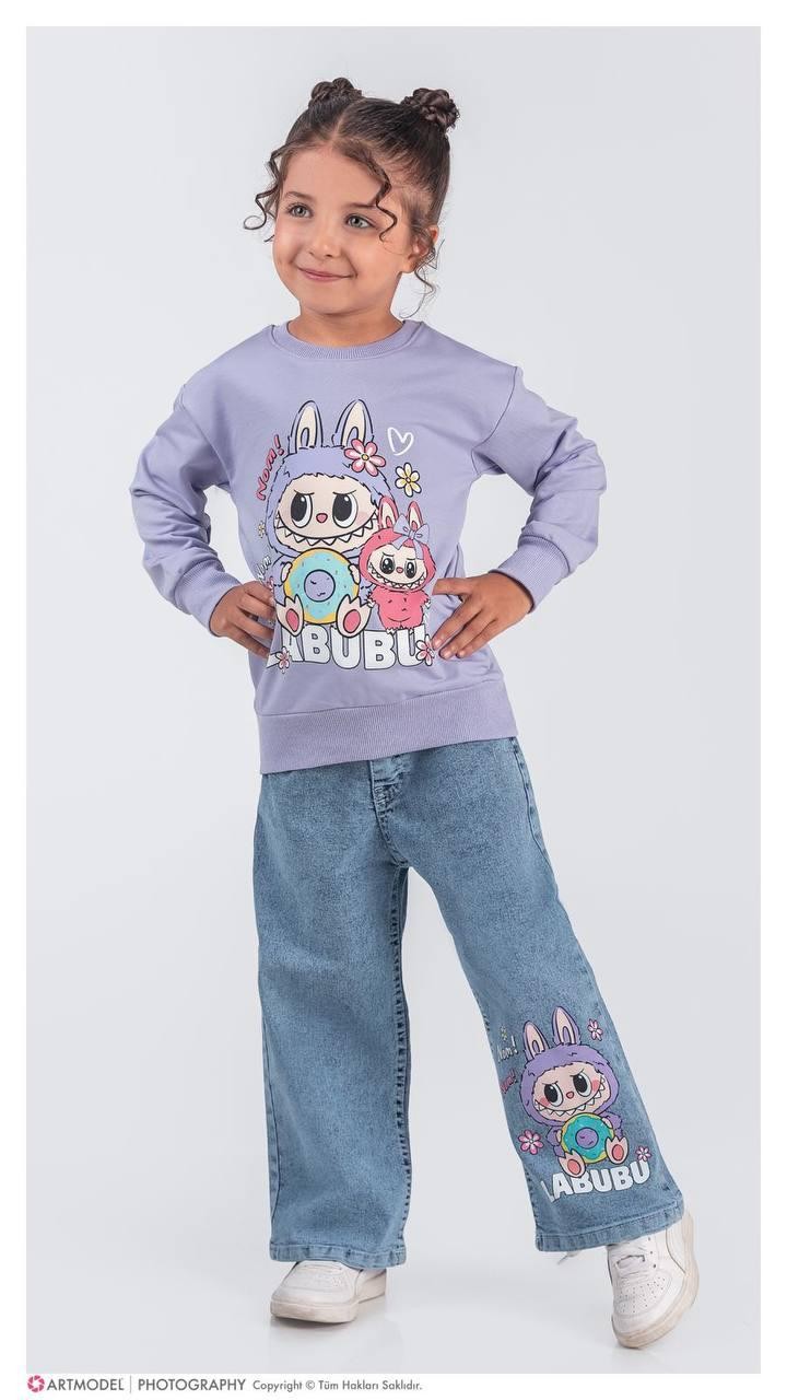 KIZ ÇOCUK LABUBU 2Lİ KOT PANTOLON BLUZ 2Lİ TAKIM - lila