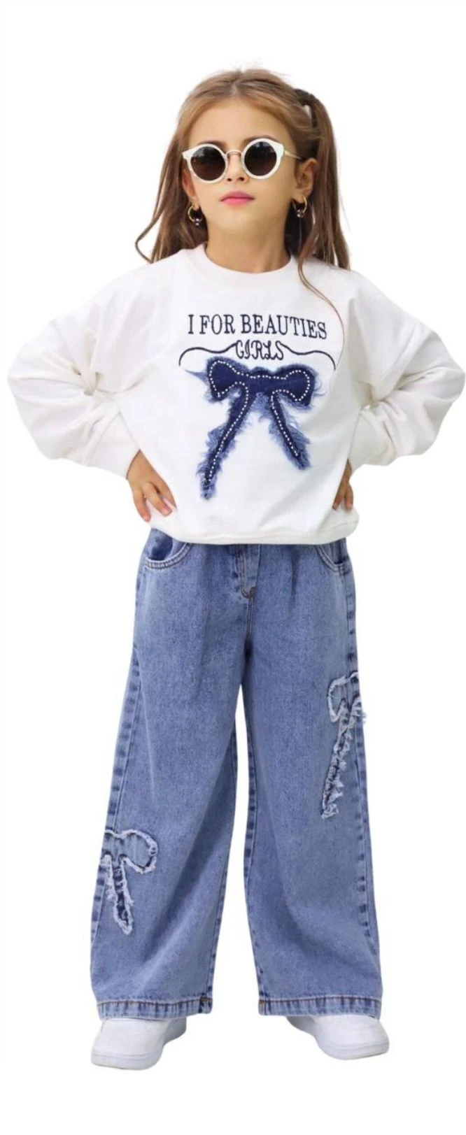 KIZ ÇOCUK FİYONK DETAYLI BLUZ& PANTOLON 2Lİ TAKIM - MAVİ