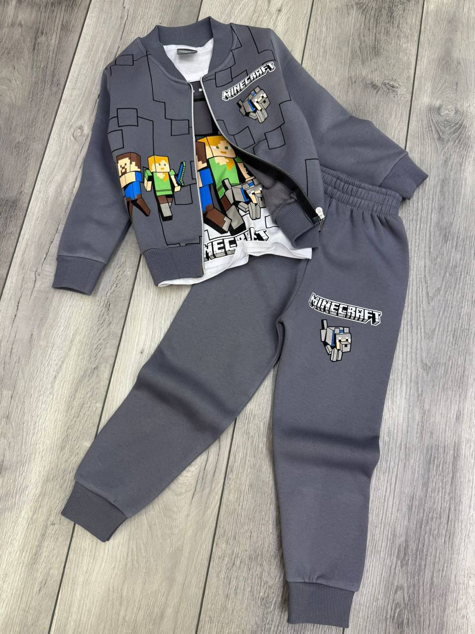 ERKEK ÇOCUK KIŞLIK MİNECRAFT 3LÜ SET (UZUN KOLLU BADİ+ALT+ÜSTCEKET ) - KOYU GRİ