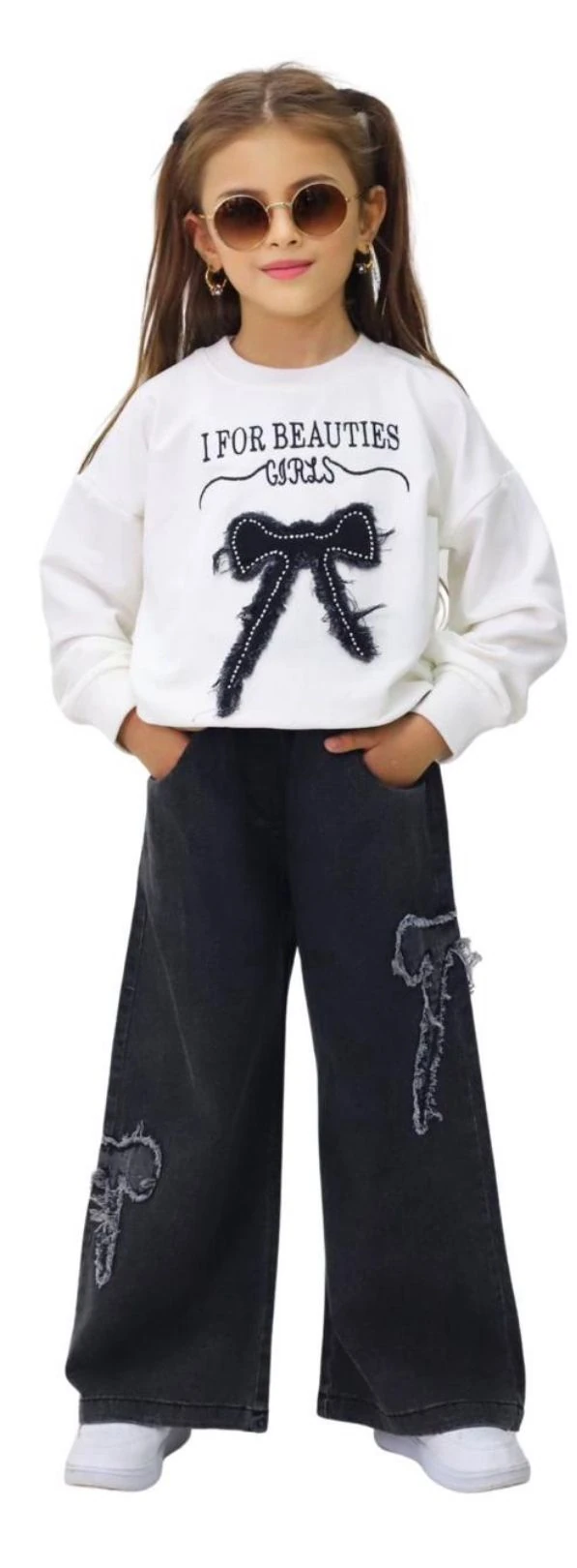 KIZ ÇOCUK FİYONK DETAYLI BLUZ& PANTOLON 2Lİ TAKIM - SİYAH