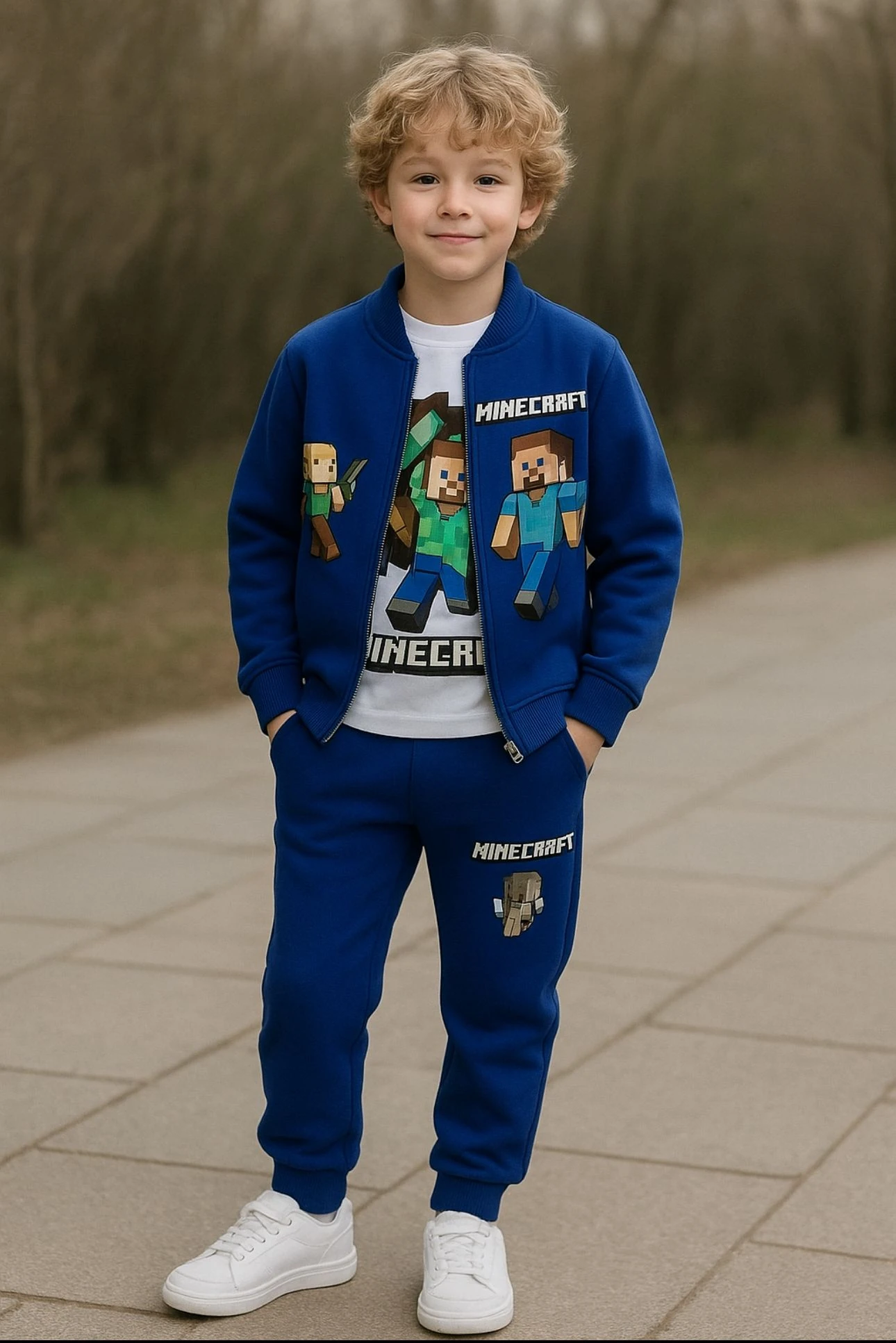 ERKEK ÇOCUK KIŞLIK MİNECRAFT 3LÜ SET (UZUN KOLLU BADİ+ALT+ÜSTCEKET ) - saks mavi