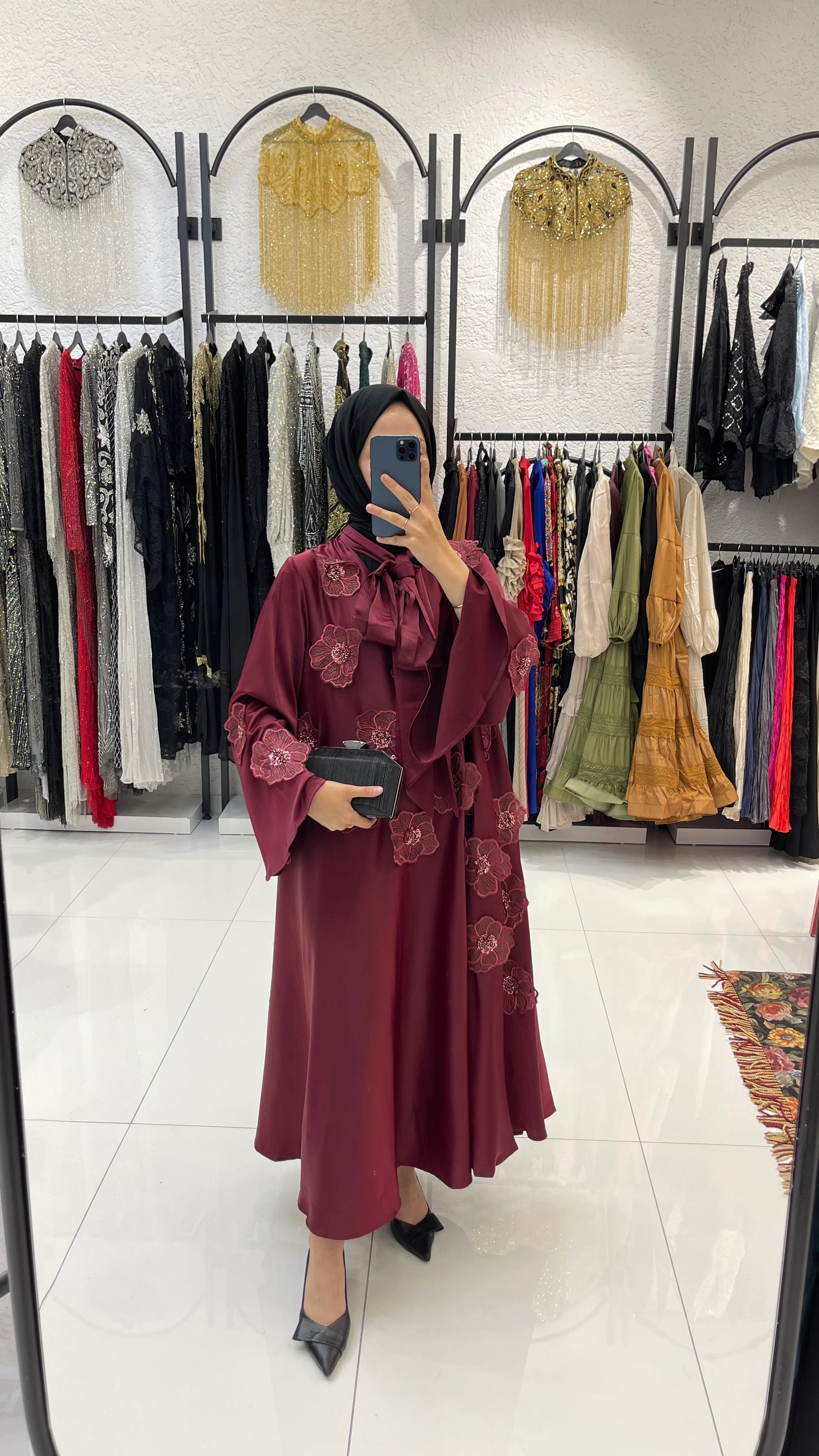 ÇİÇEKLİ İTHAL ELBİSE  - BORDO