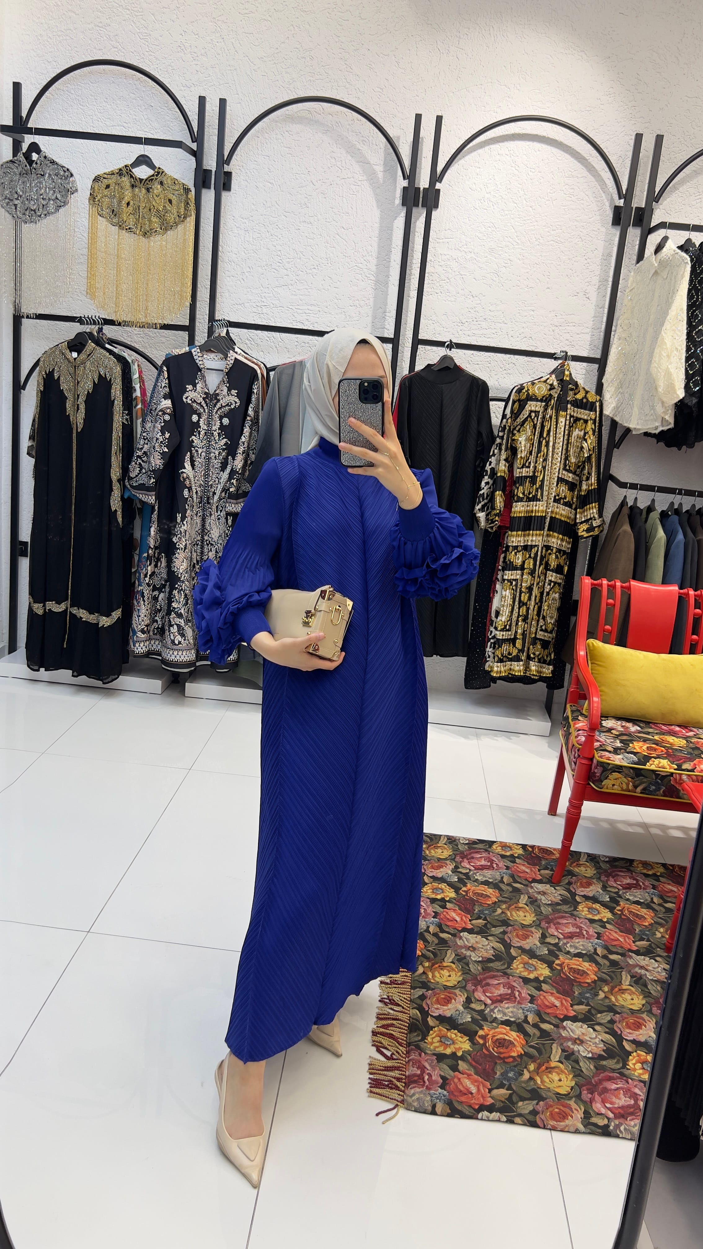 İTHAL GÜLLÜ ELBİSE  - SAKS MAVİ