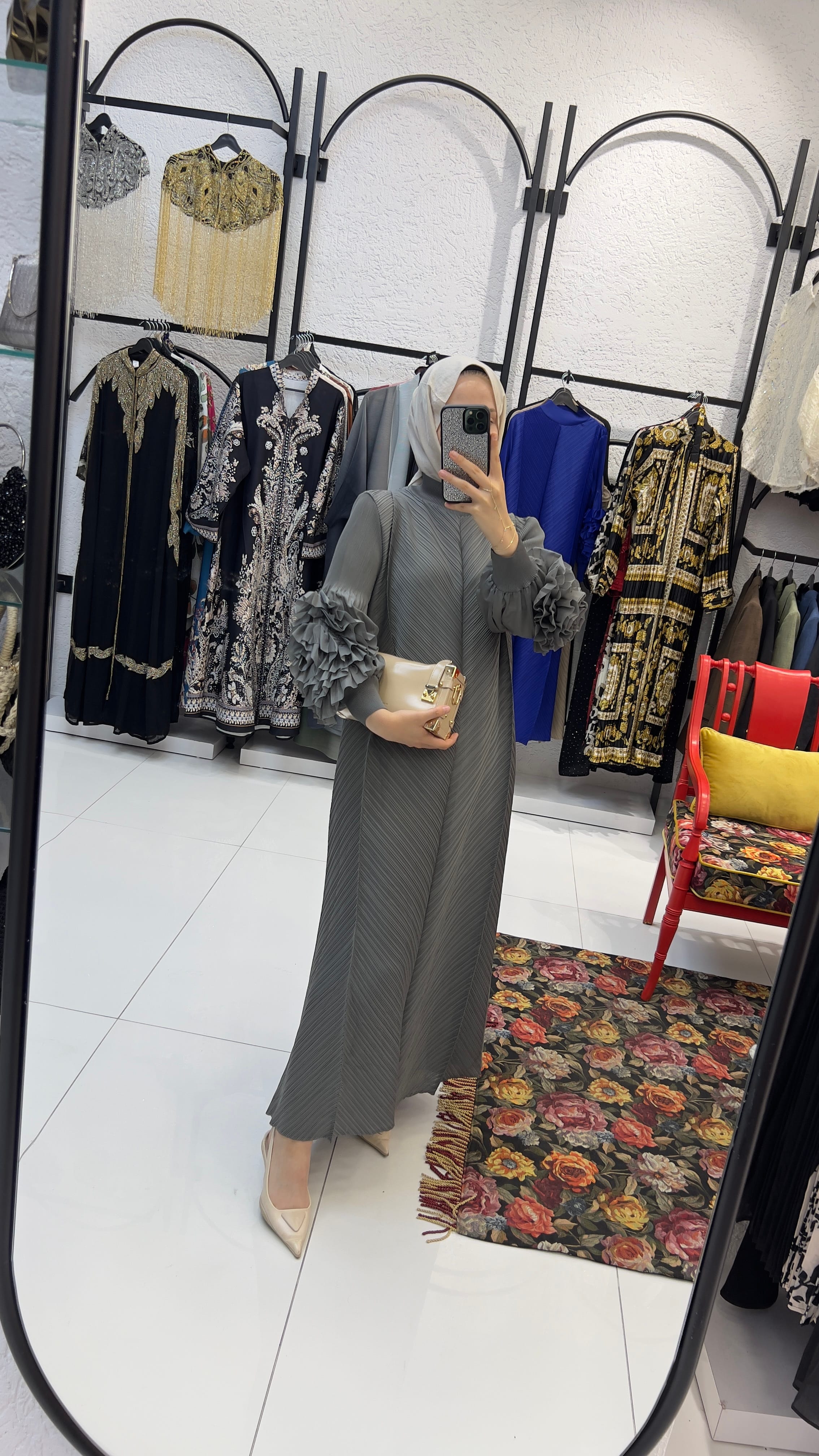 İTHAL GÜLLÜ ELBİSE  - GRİ