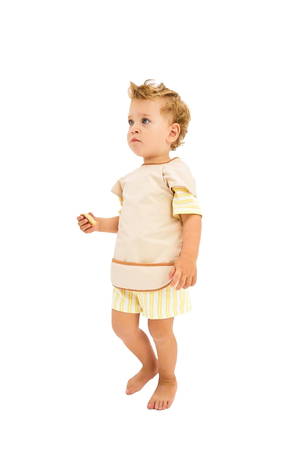 Kısa Kollu Su Geçirmez Bebek Mama, Oyun ve Aktivite Önlüğü - Beige