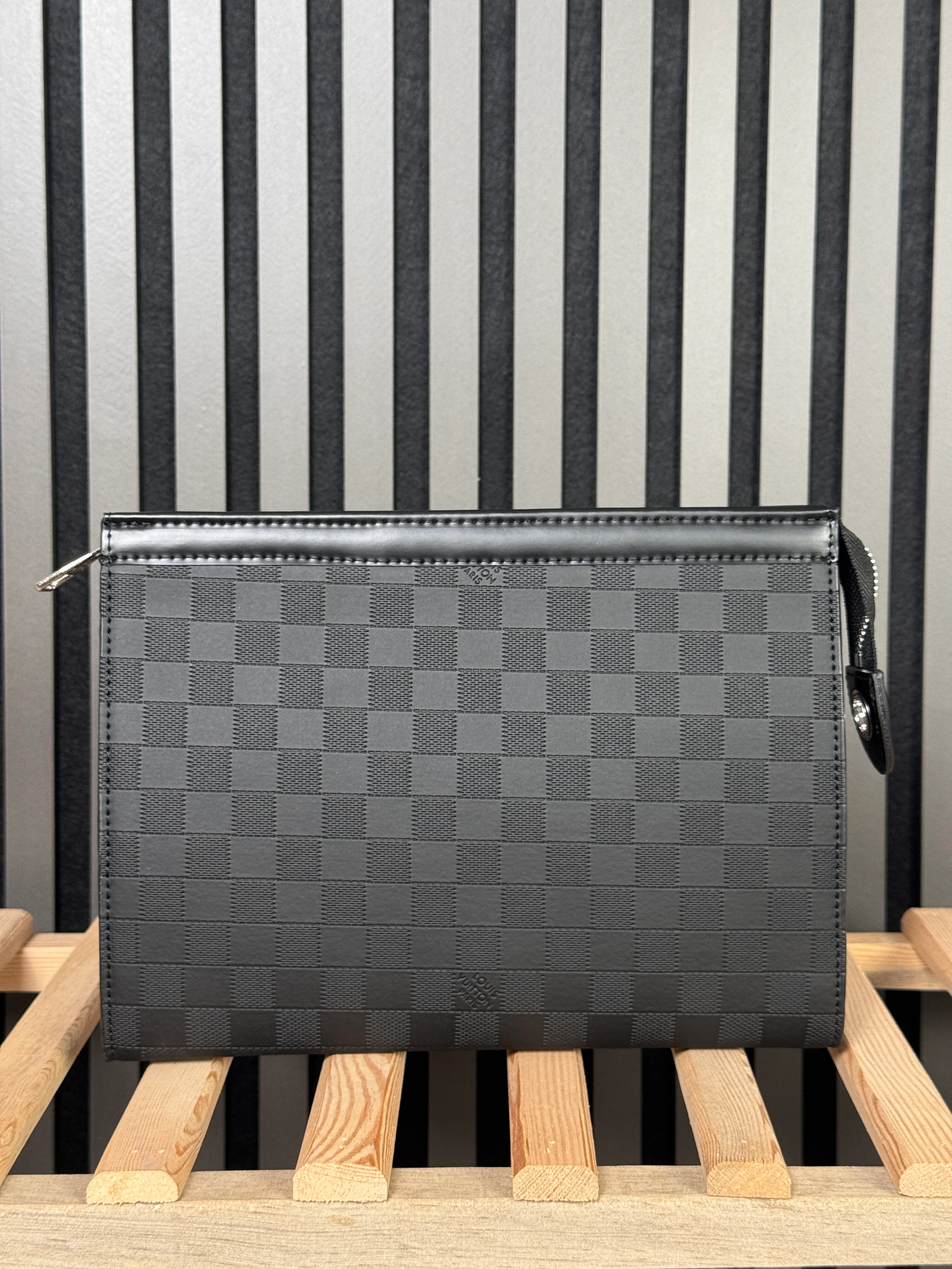 LV Damalı Siyah Hakiki Deri Clutch