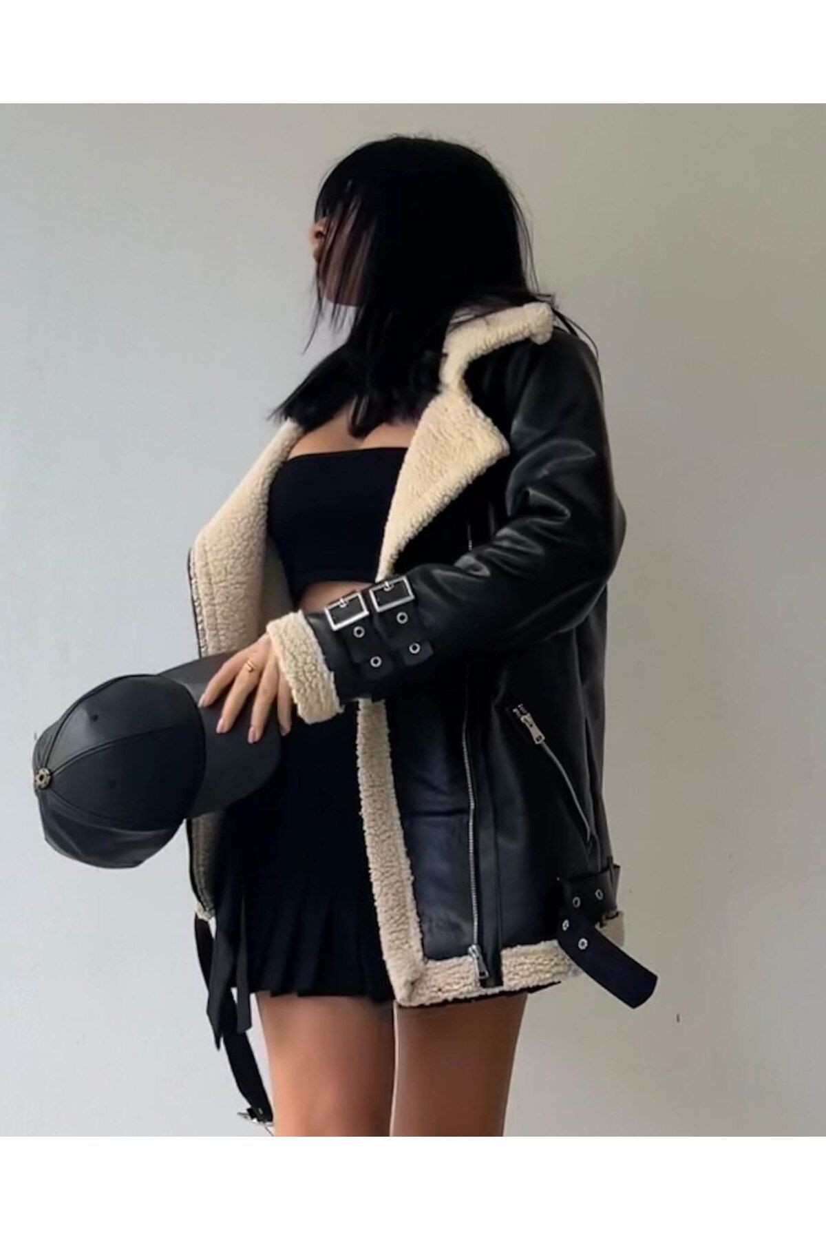 Kadın Beyaz Içi Beyaz Kürklü Oversize Uzun Suni Deri Biker Ceket Kaban Kürk Mont - krem