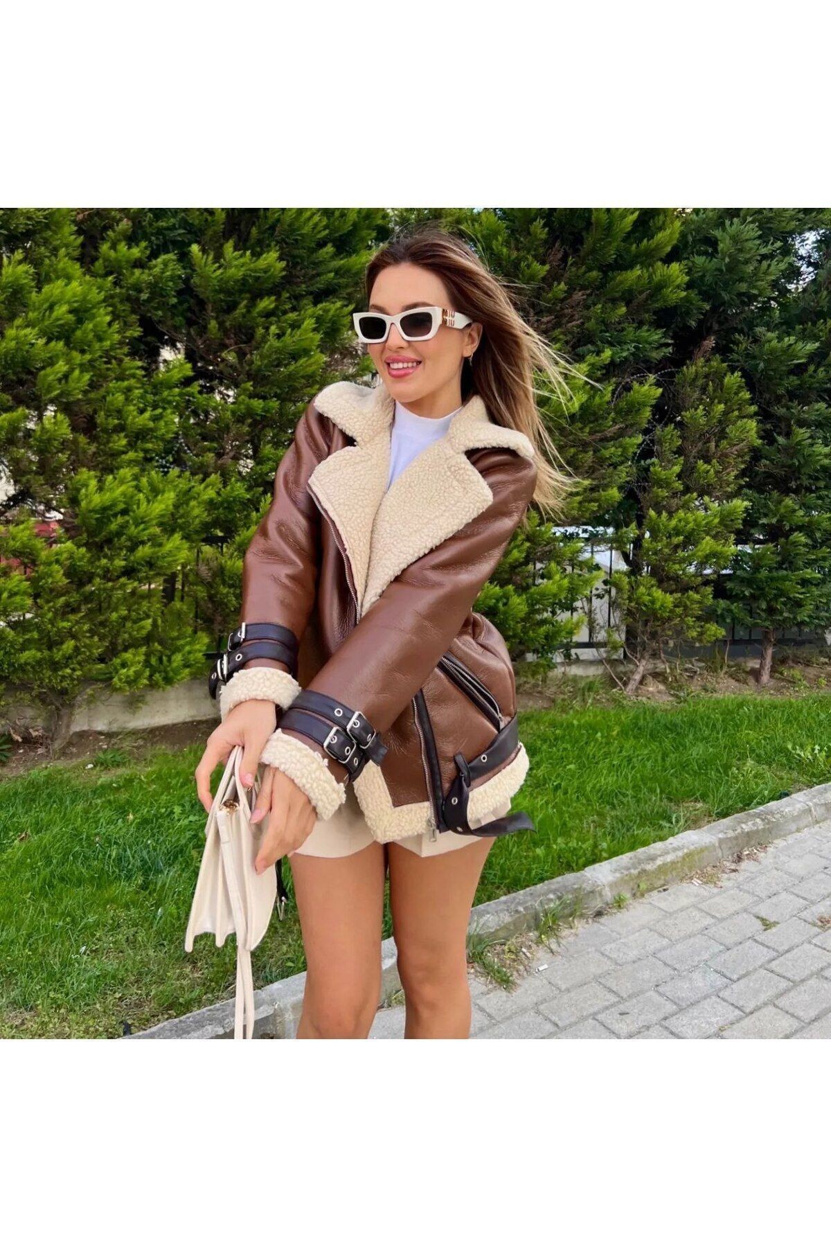 Kadın Beyaz Içi Beyaz Kürklü Oversize Uzun Suni Deri Biker Ceket Kaban Kürk Mont - kahverengi