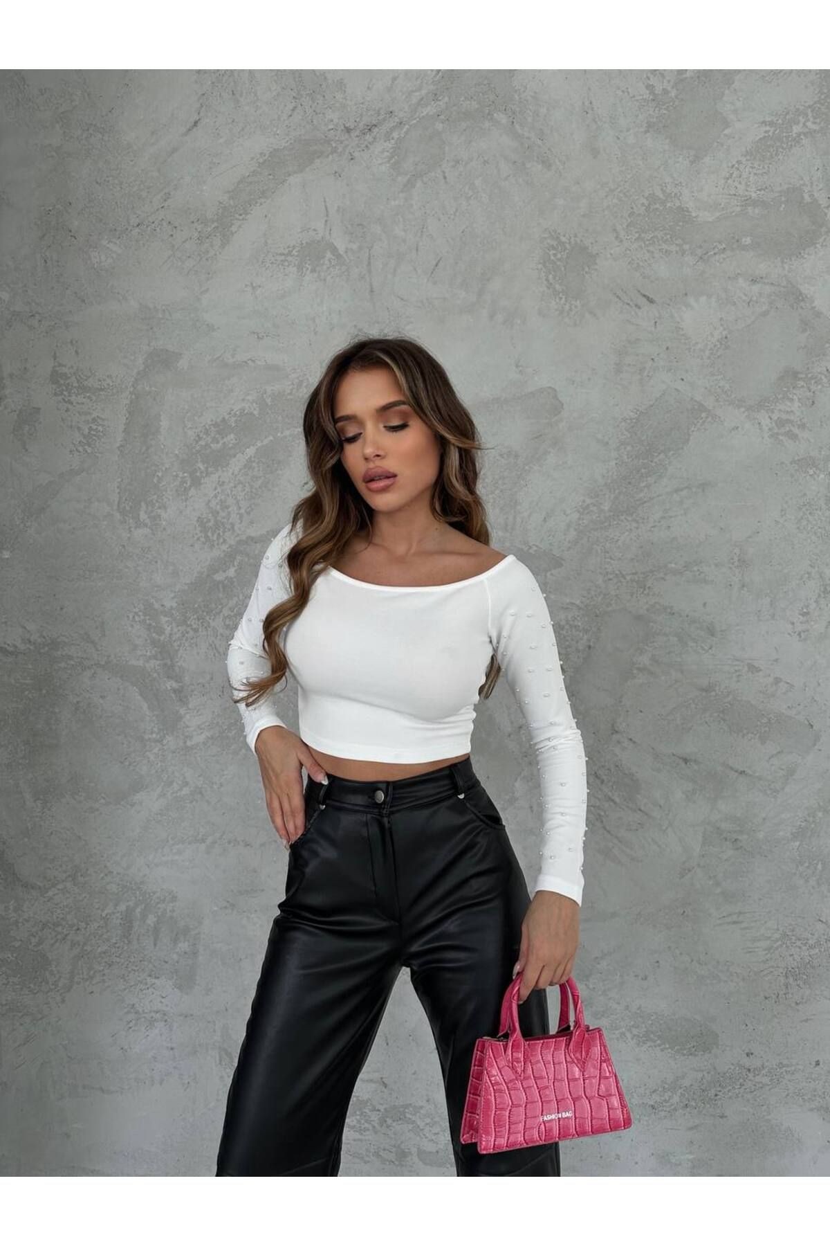 Kadın Beyaz Crop Bluz Ottoman Kumaş Kolları Incili