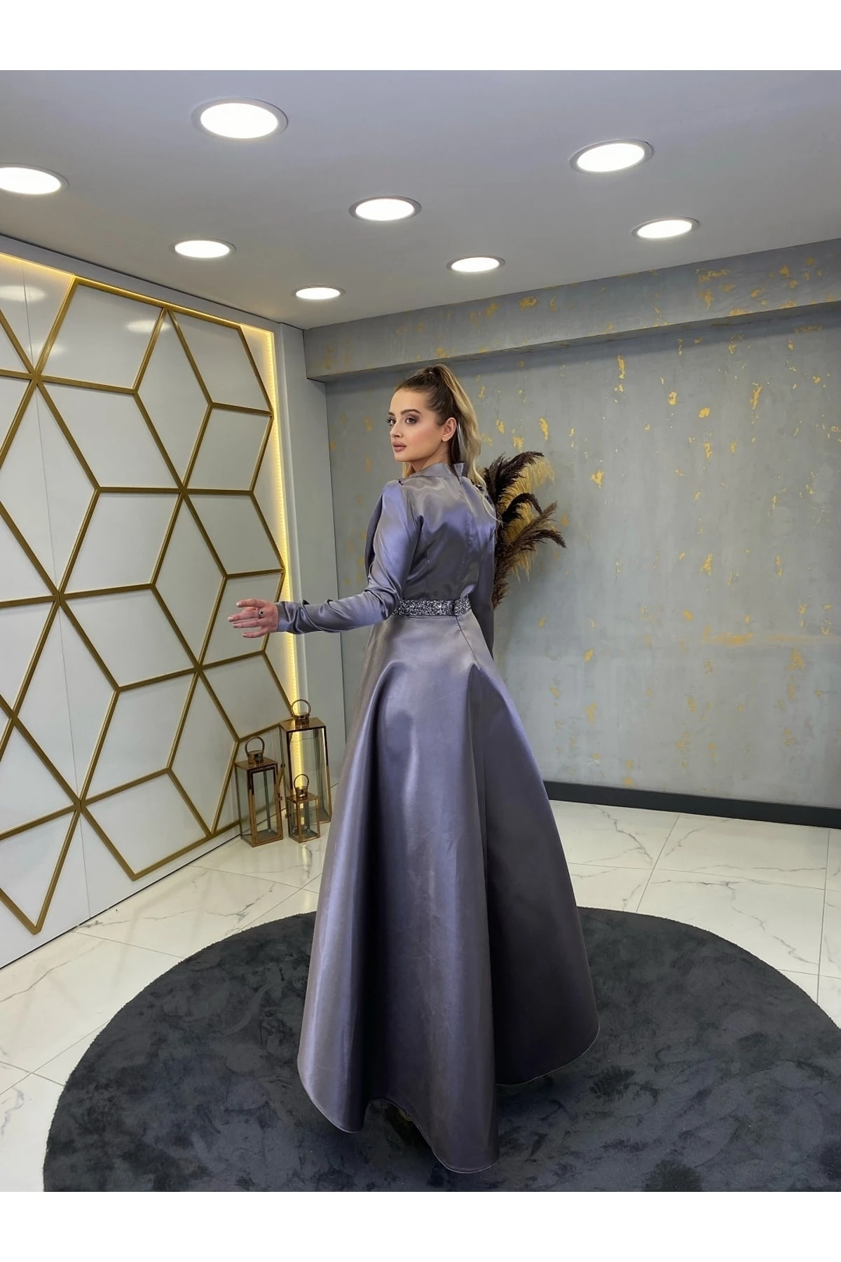 Taş Kemerli Suna Tesettür Abiye - gri