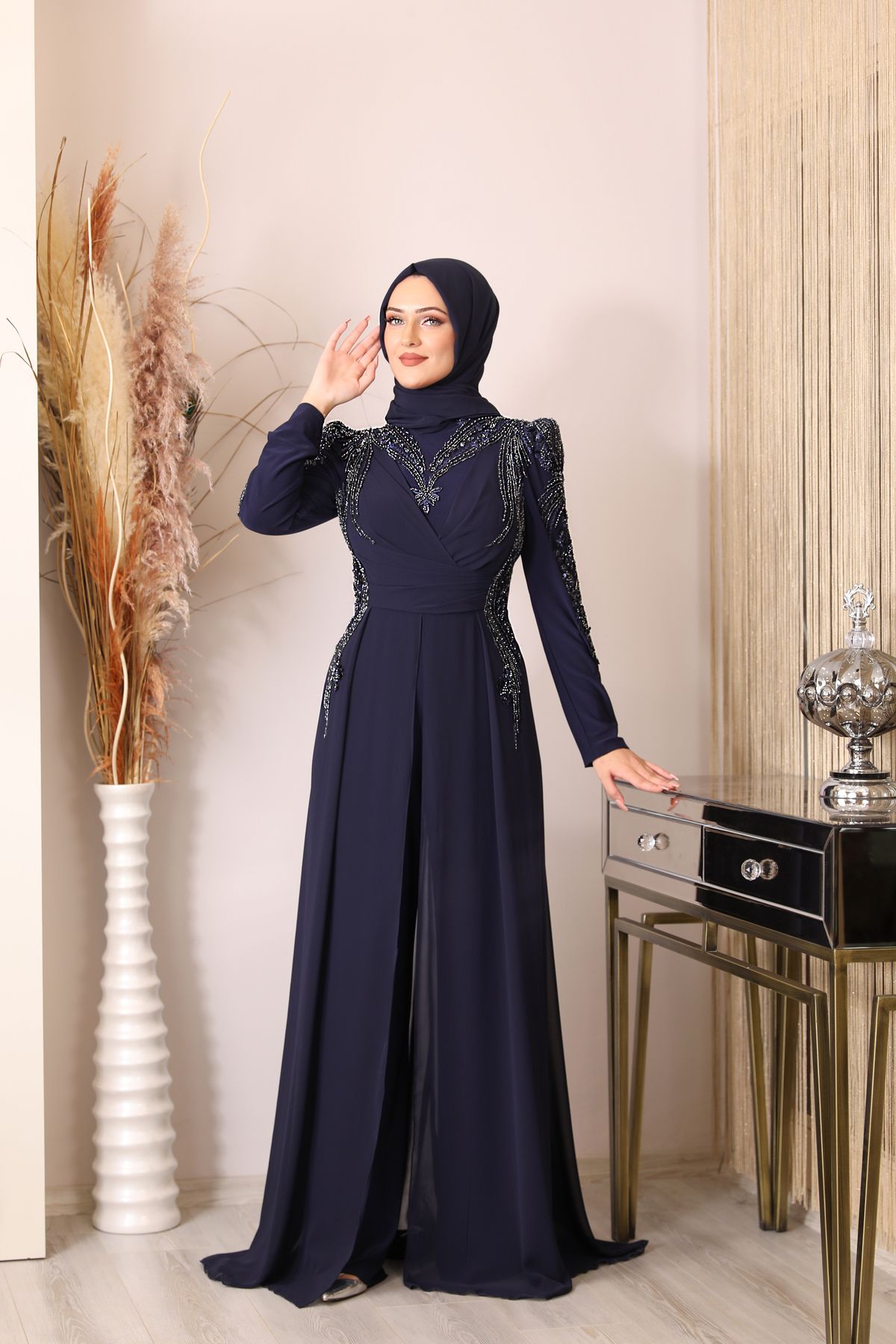 Bead Embroidered Sun Jumpsuit Navy Blue