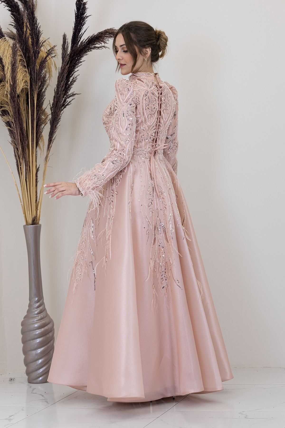 Önü Drapeli Aplik İşlemeli Katre Abiye - pembe