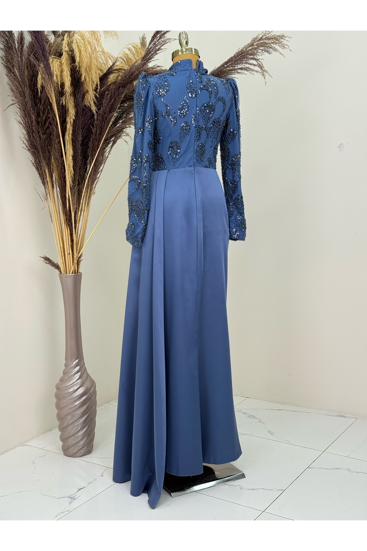 Asude Evening Dress with Draped Front and Tail and Bead Embroidery