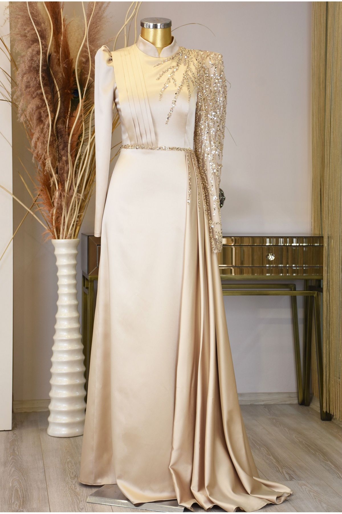 Efila Hijab Evening Dress with Embroidered Sleeves Gold