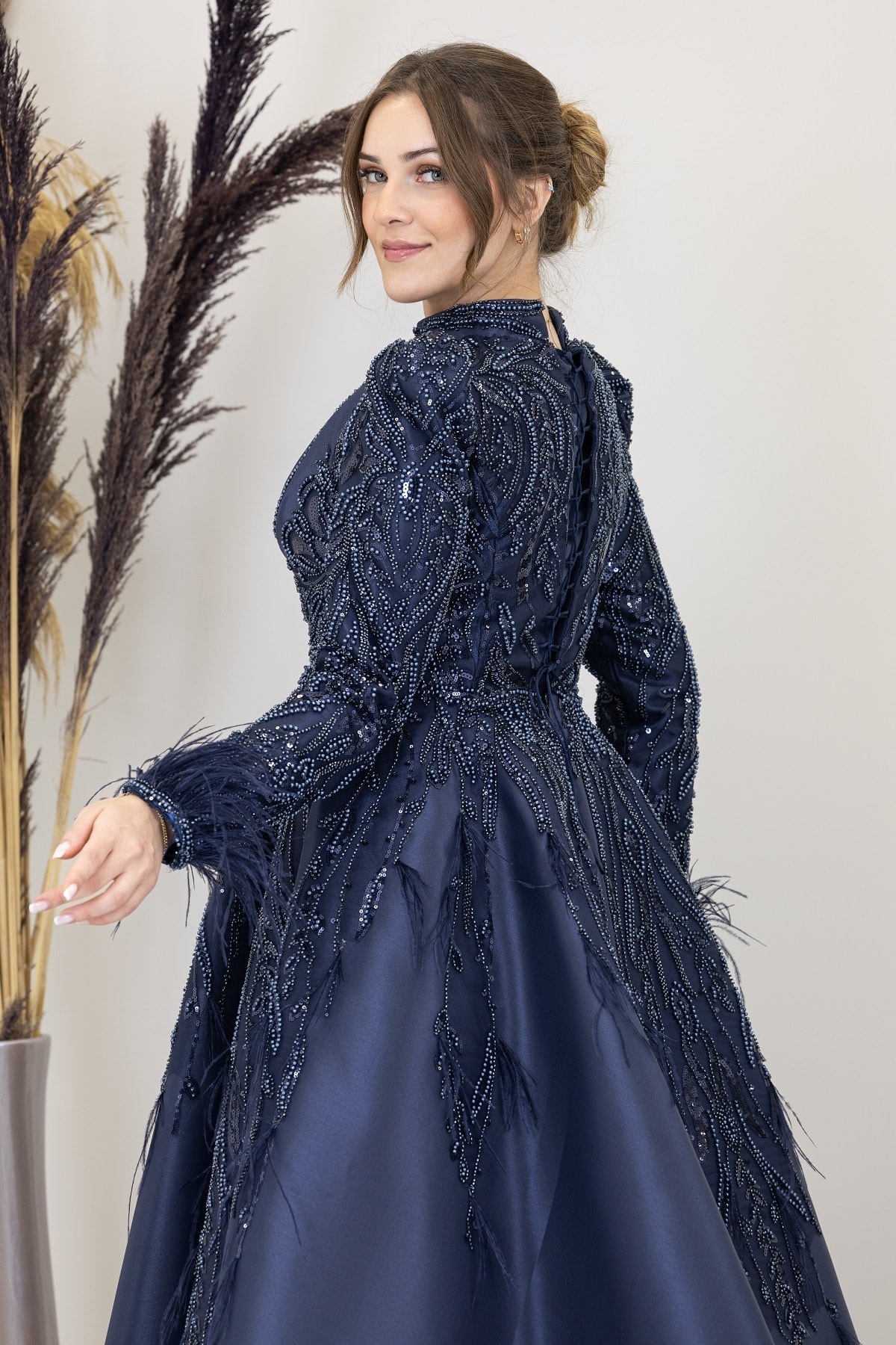 Katre Evening Dress with Draped Front and Applique Embroidery