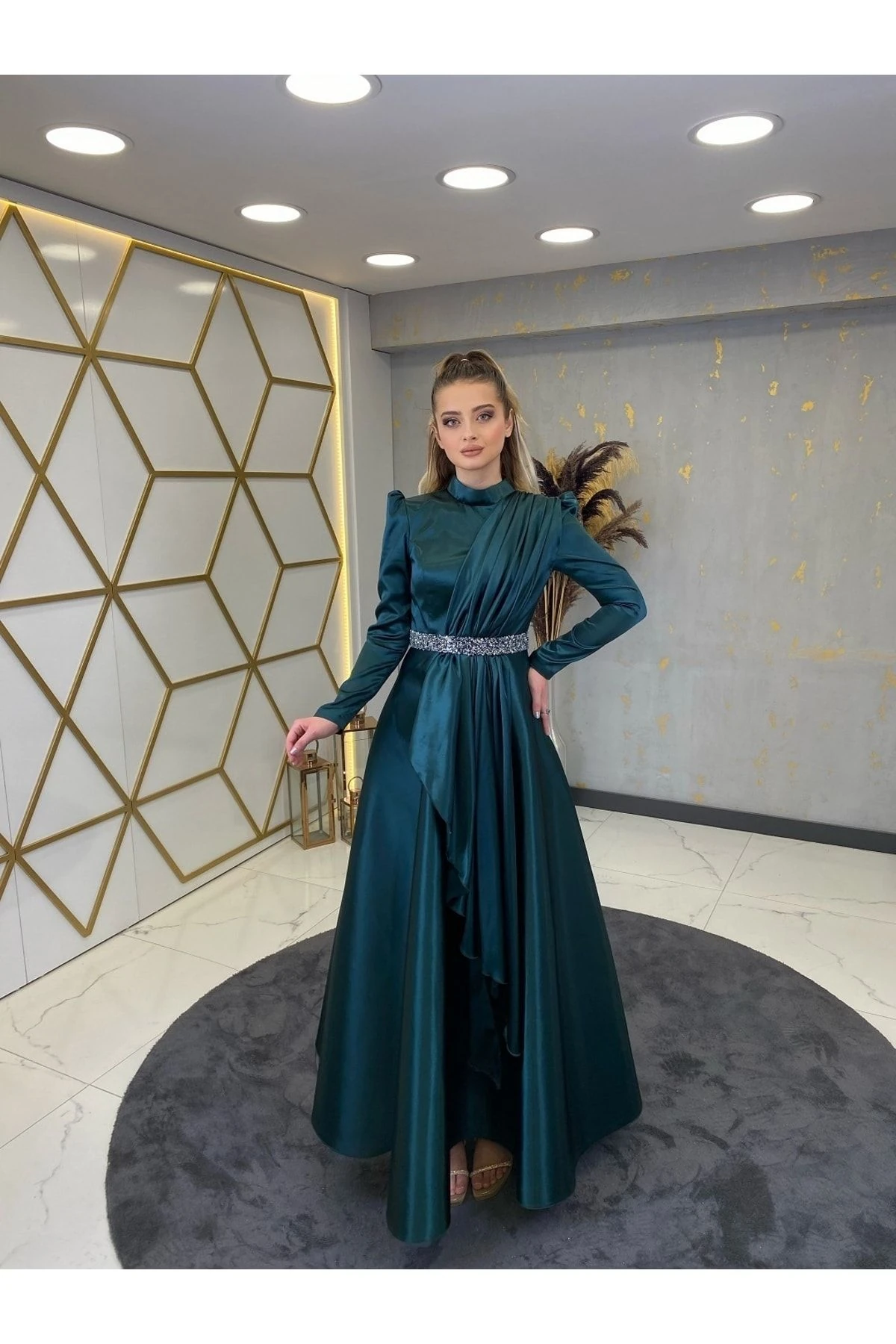 Taş Kemerli Suna Tesettür Abiye - petrol