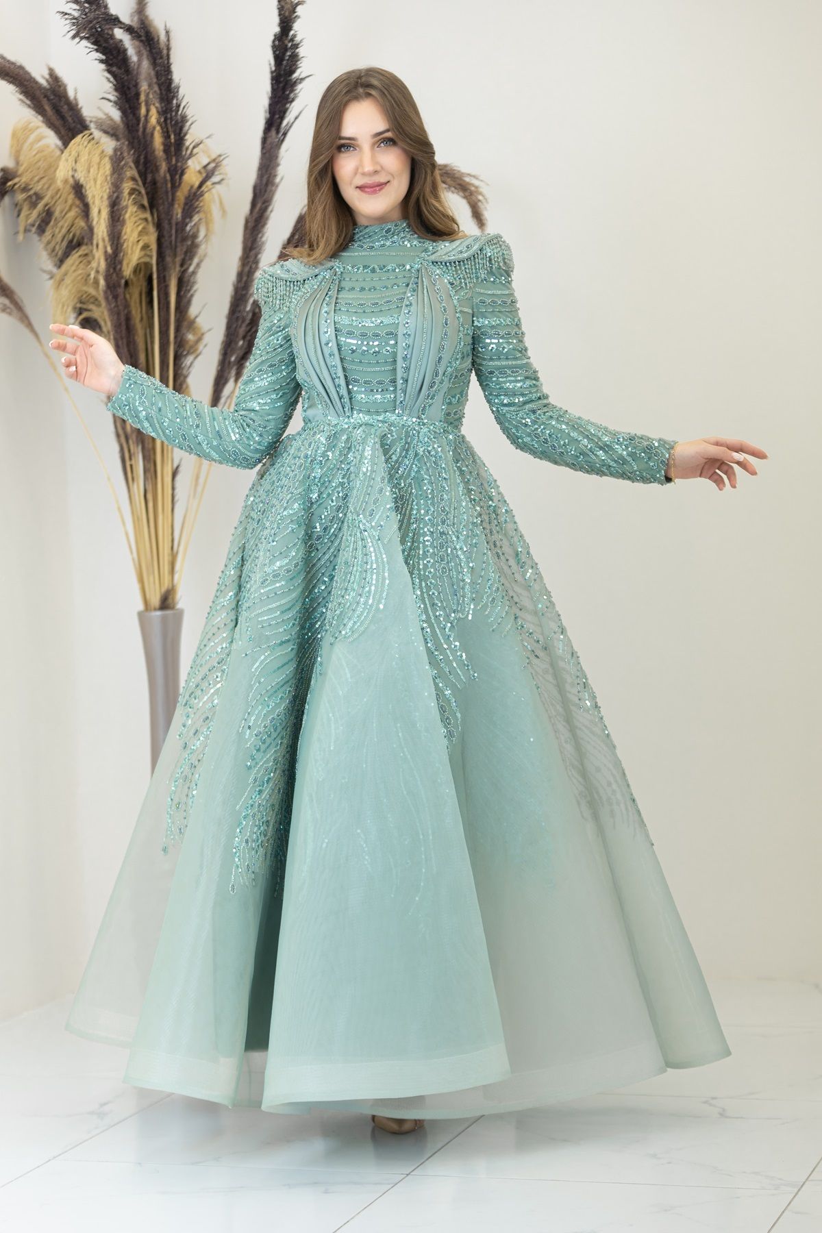 Liyon Evening Dress with Draped Front and Beaded Shoulder Padding