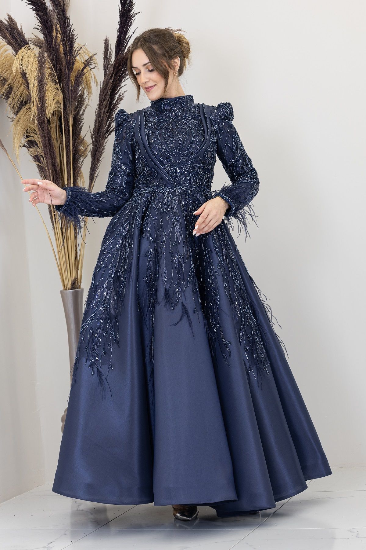 Katre Evening Dress with Draped Front and Applique Embroidery