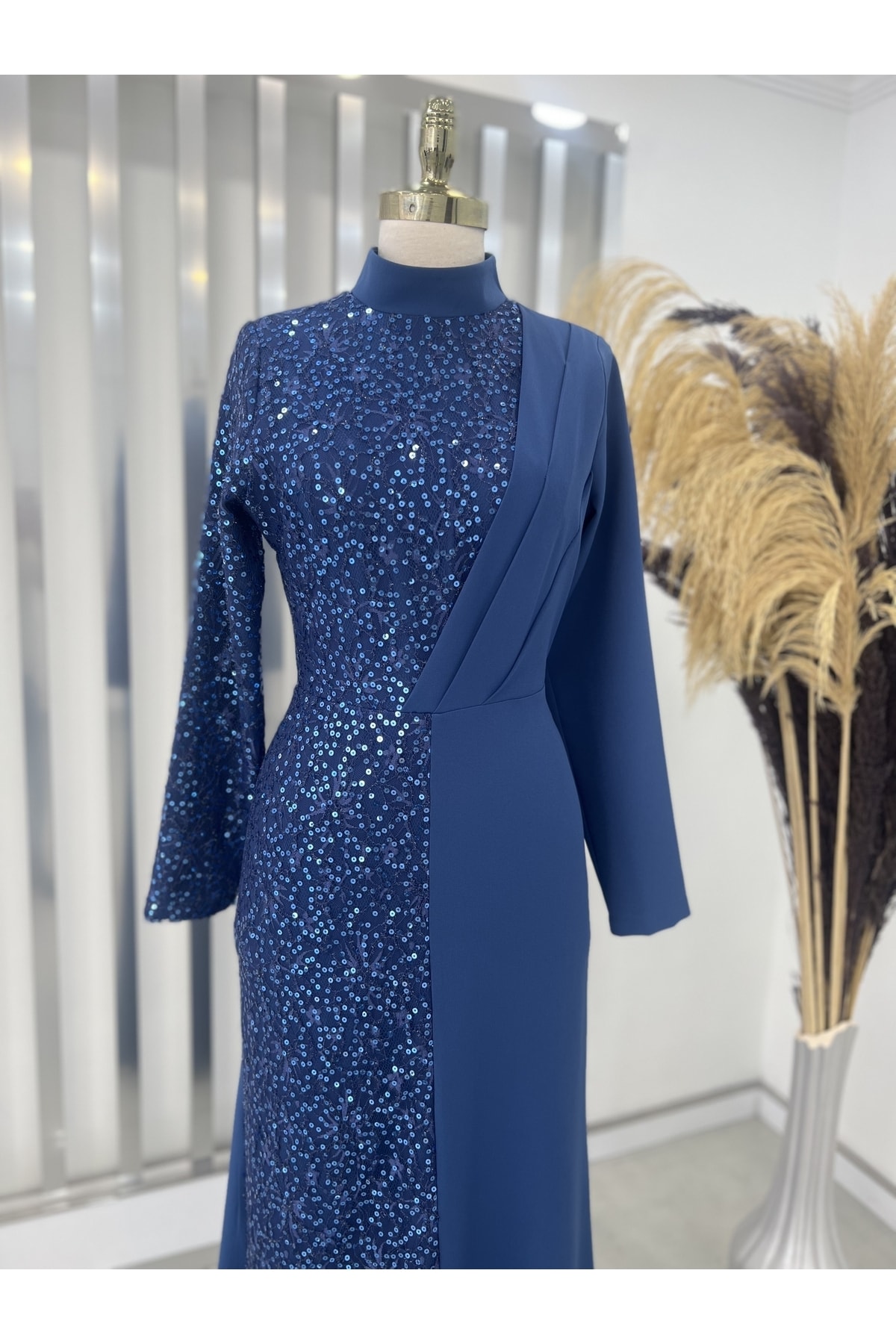 Paisley Sequined Açelya Hijab Evening Dress Indigo