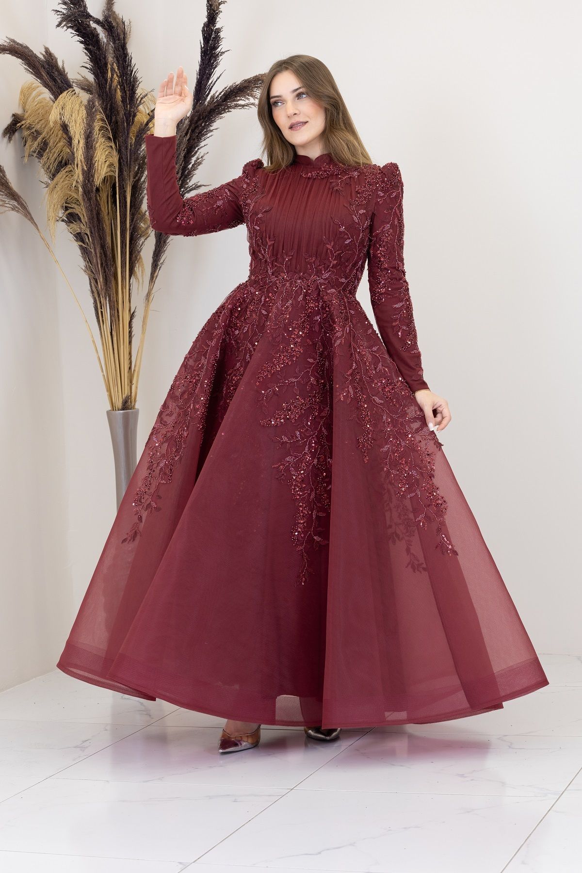 Serra Hijab Evening Dress with Flower Embroidery