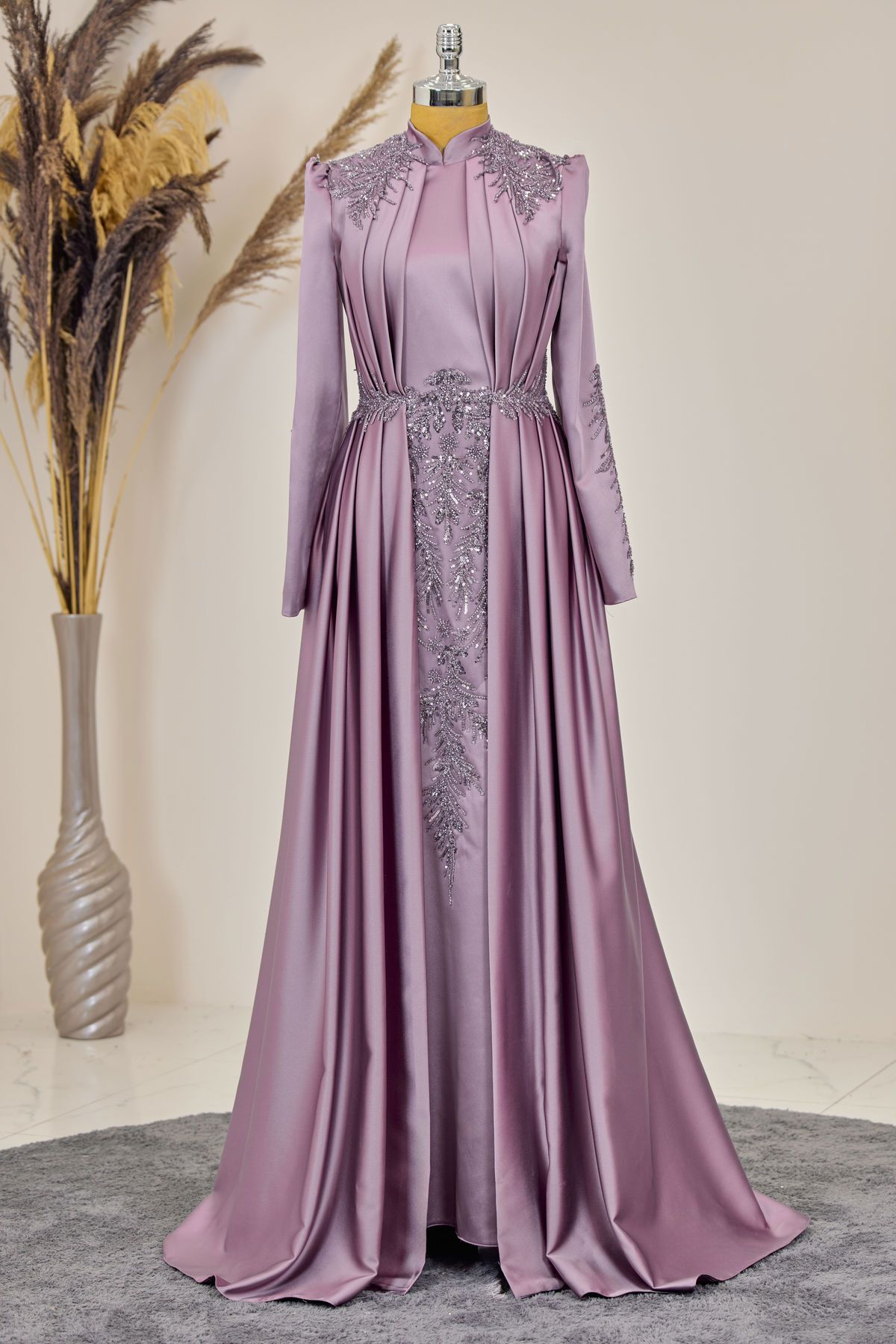Karaca Hijab Evening Dress with Draped Front and Applique Dusty Rose
