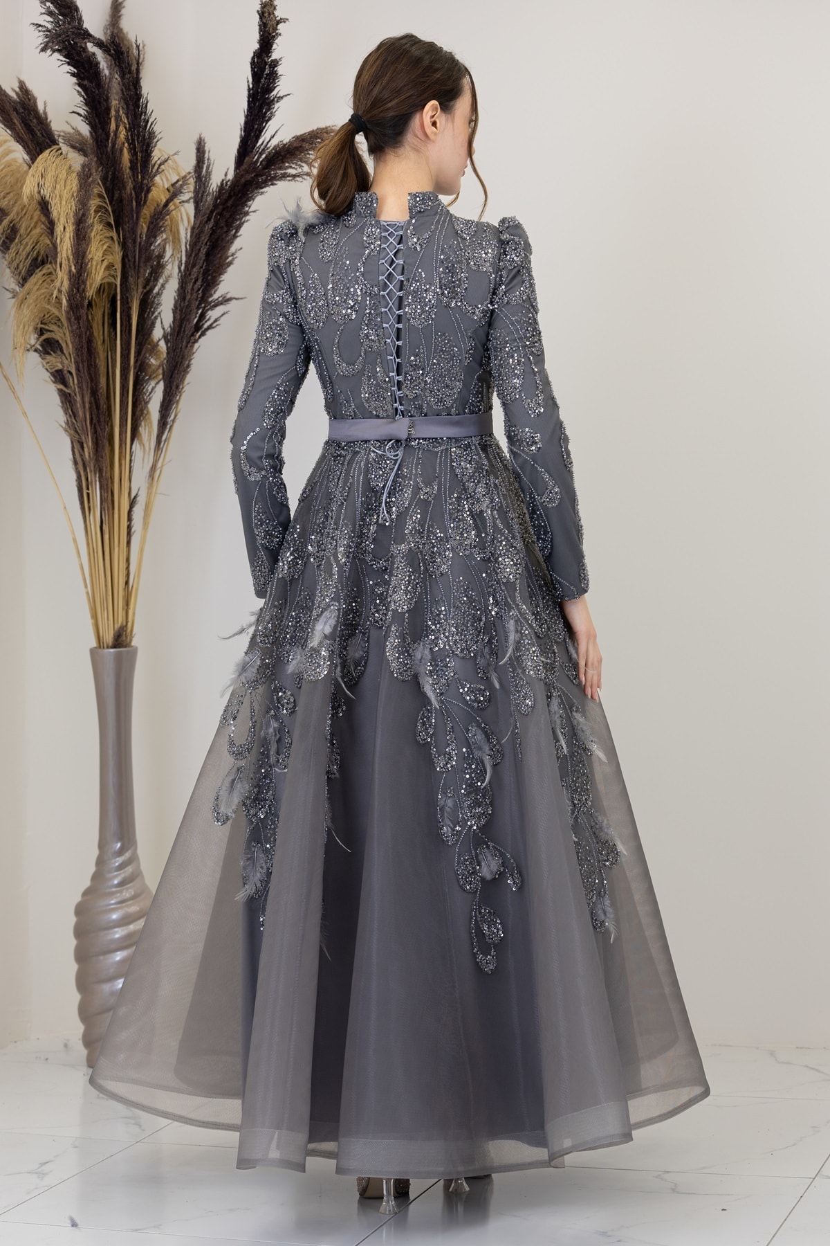 Icon Evening Dress with Tulle Detail on the Shoulders and Waist