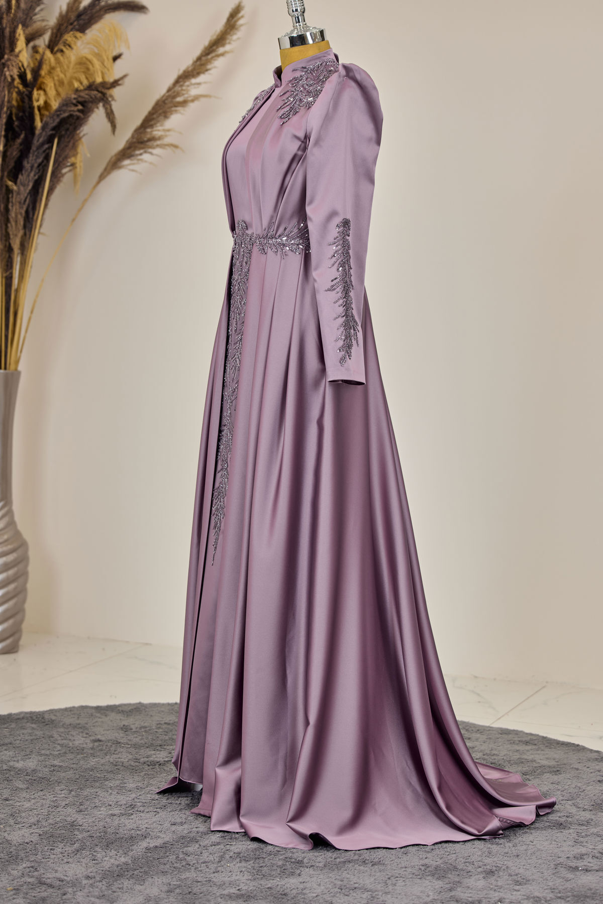 Karaca Hijab Evening Dress with Draped Front and Applique Dusty Rose