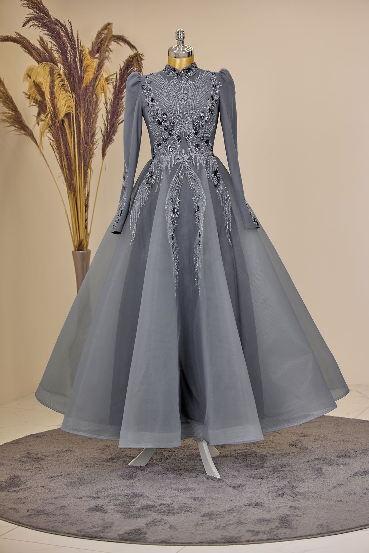 Asian Evening Dress with Draped Front and Applique Embroidery