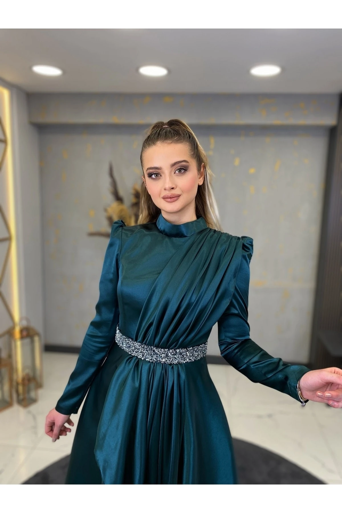 Taş Kemerli Suna Tesettür Abiye - petrol