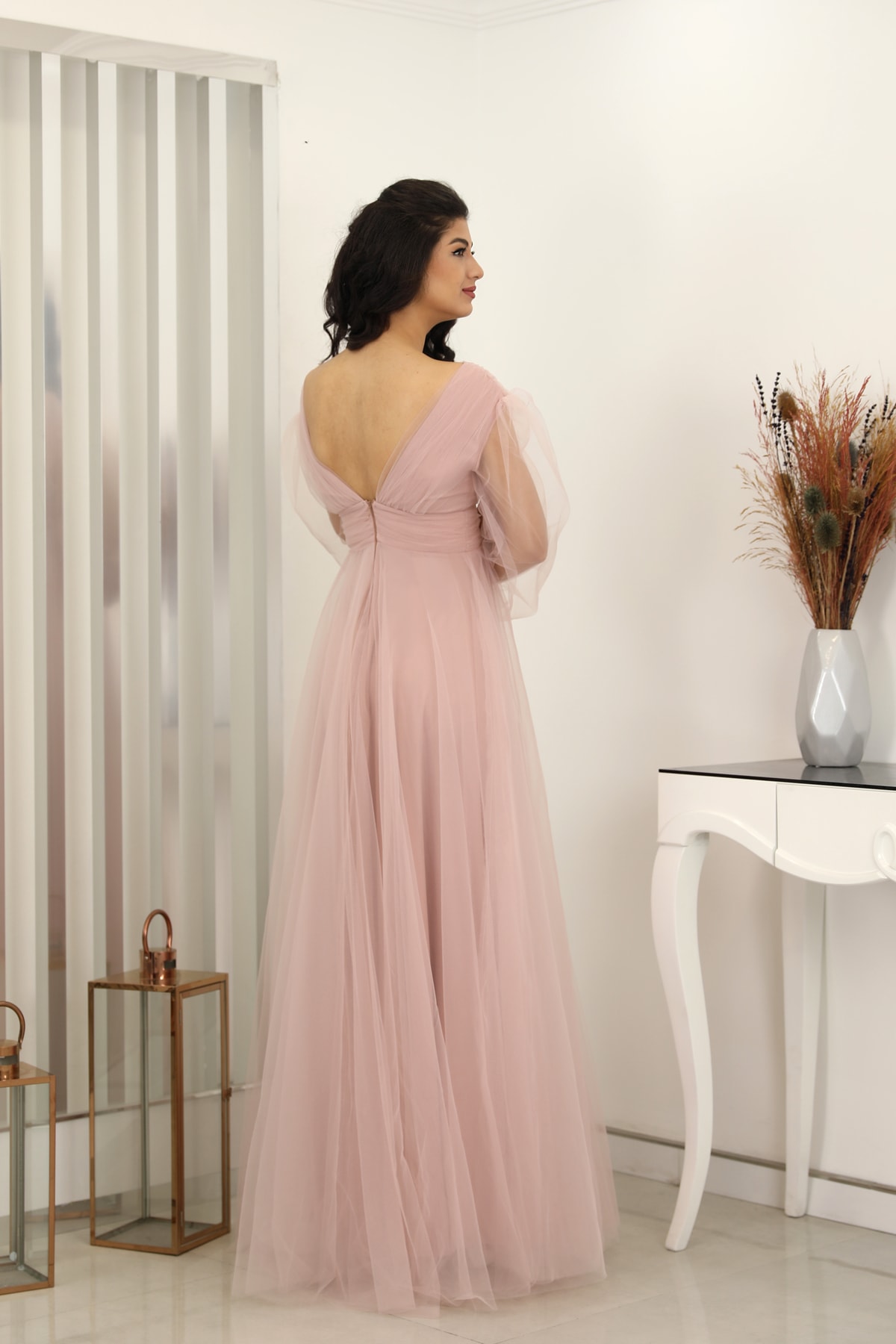 V Yaka Zeren Tül Abiye Bordo - pudra pembe