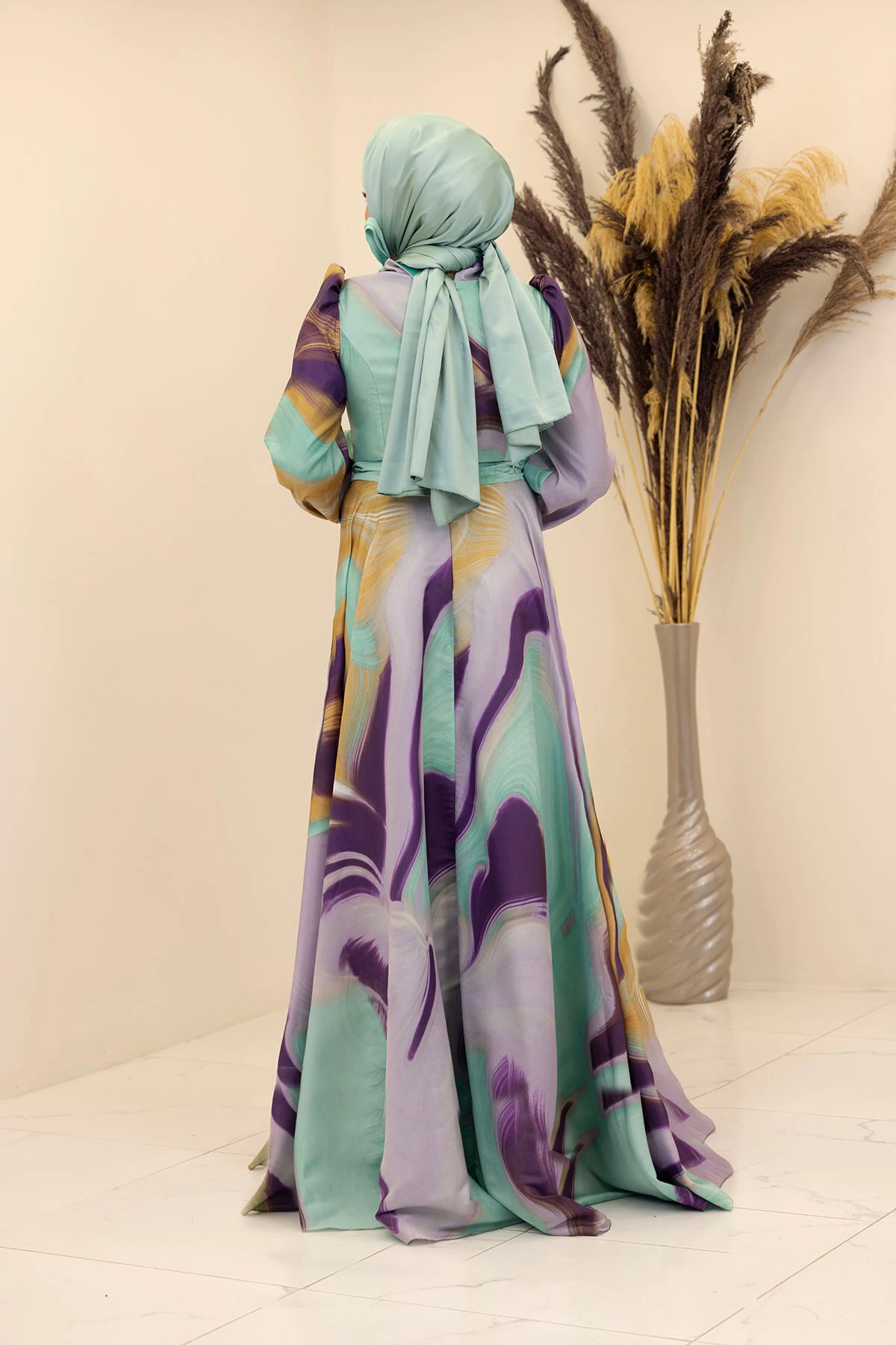 İpek Saten Kemerli Yakası Fiyonklu Desenli Ebruli Elbise - mint