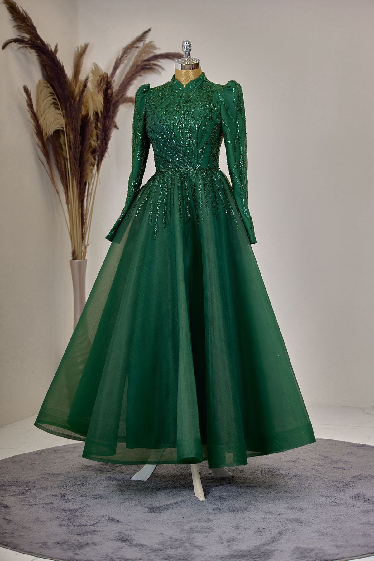 Mila Evening Dress with Draped Front and Applique Embroidery