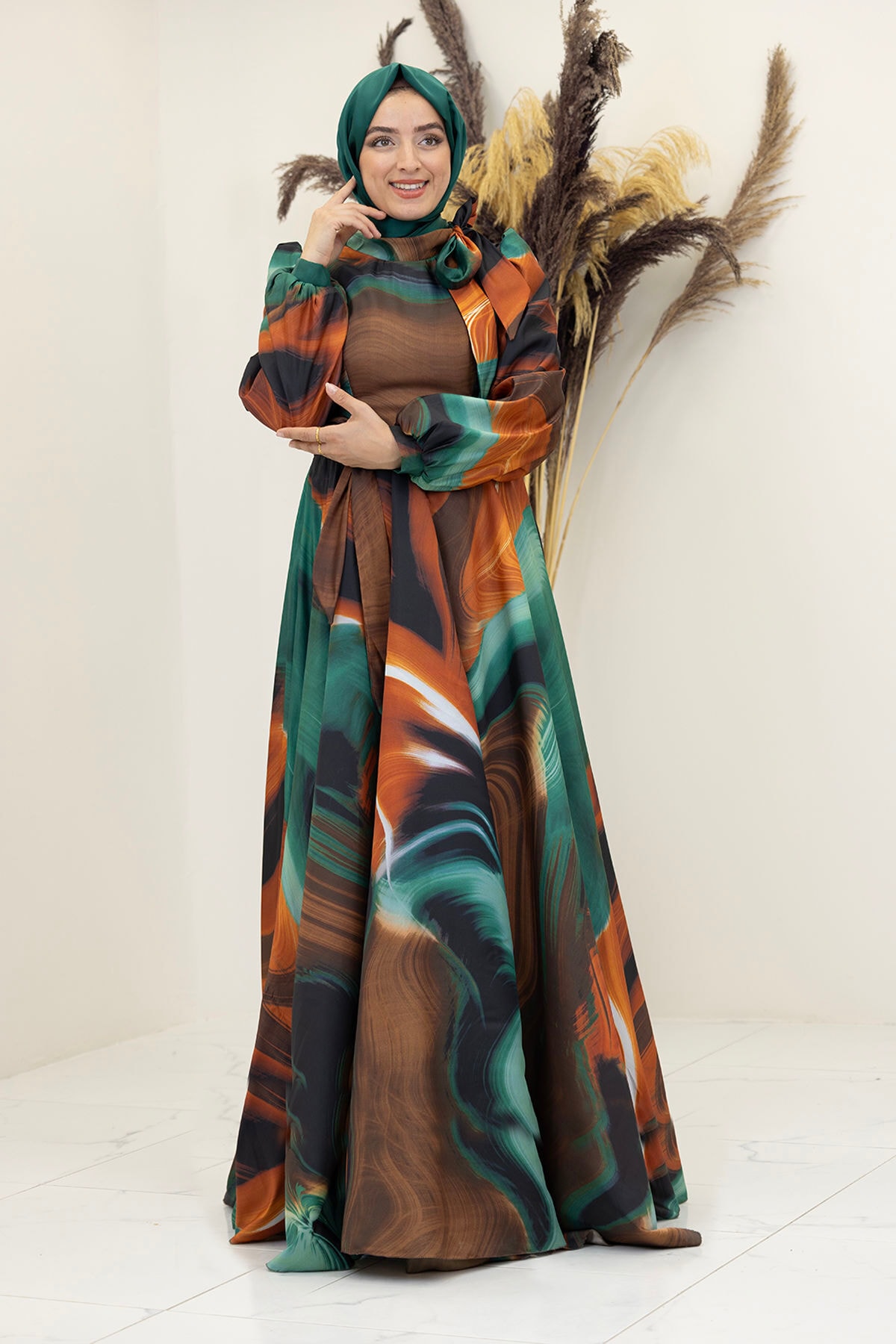 Silk Satin Belted Bow Collar Patterned Ebruli Dress