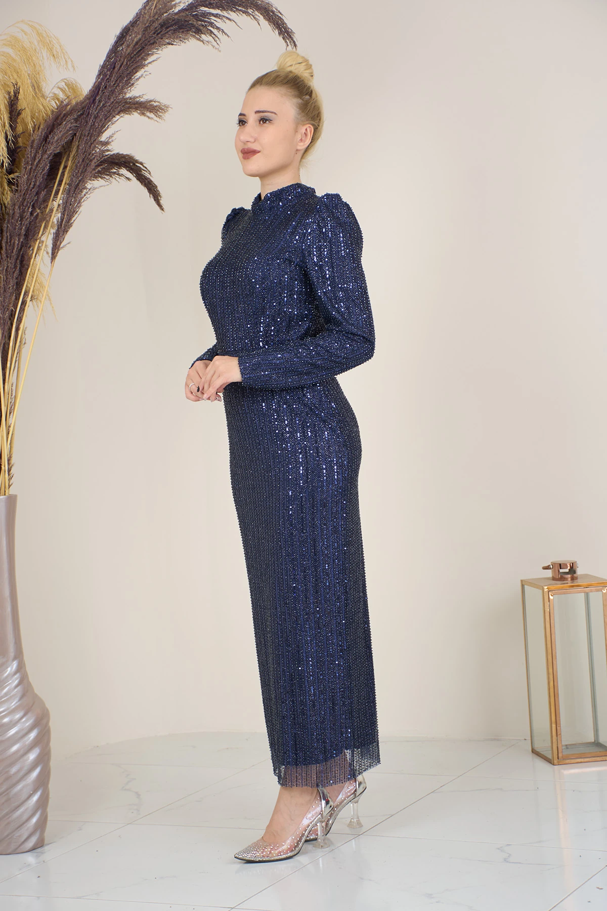 Tül Boncuk İşlemeli Bilek Boy  Asel Abiye - lacivert