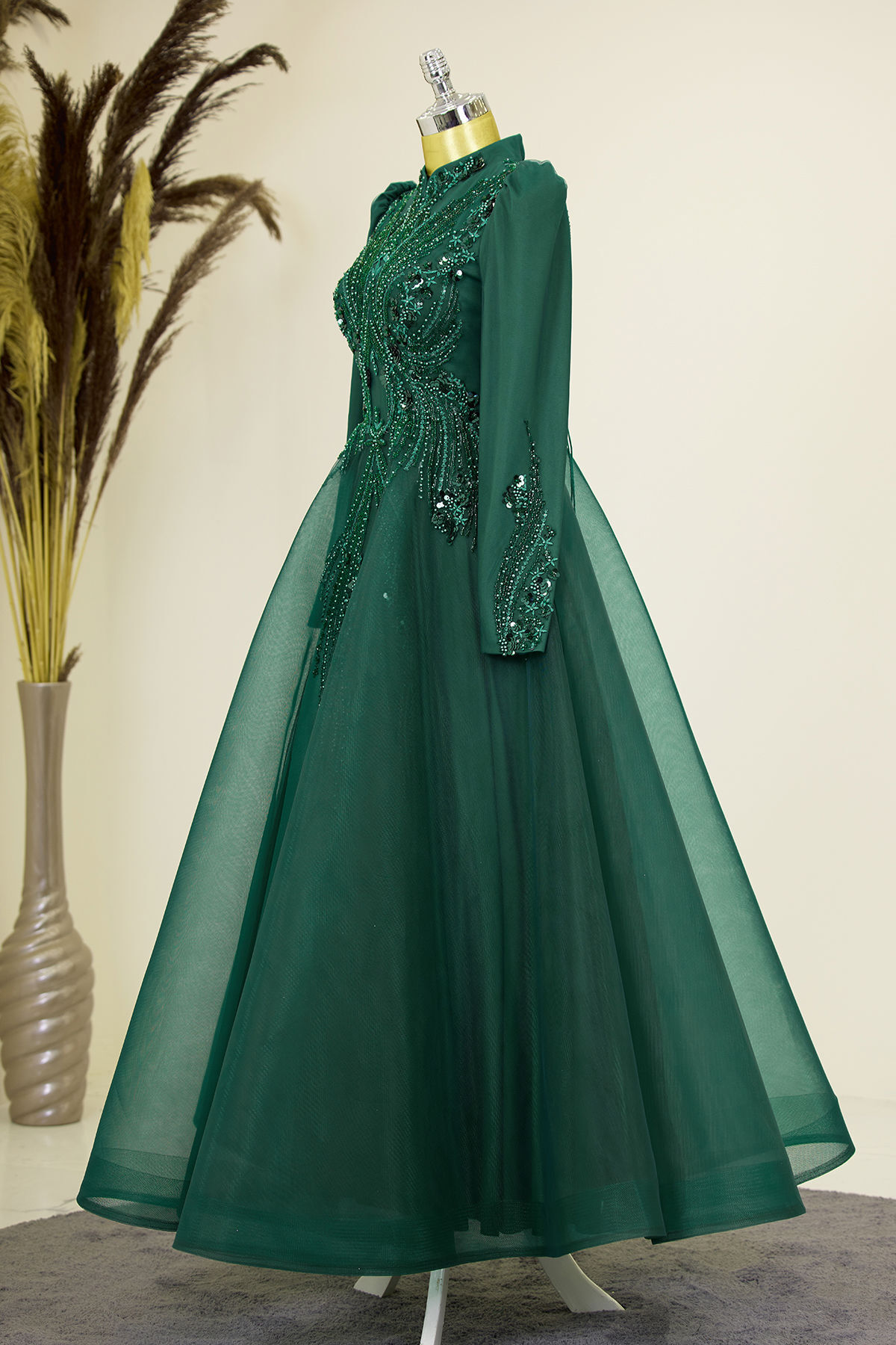 Asian Evening Dress with Draped Front and Applique Embroidery