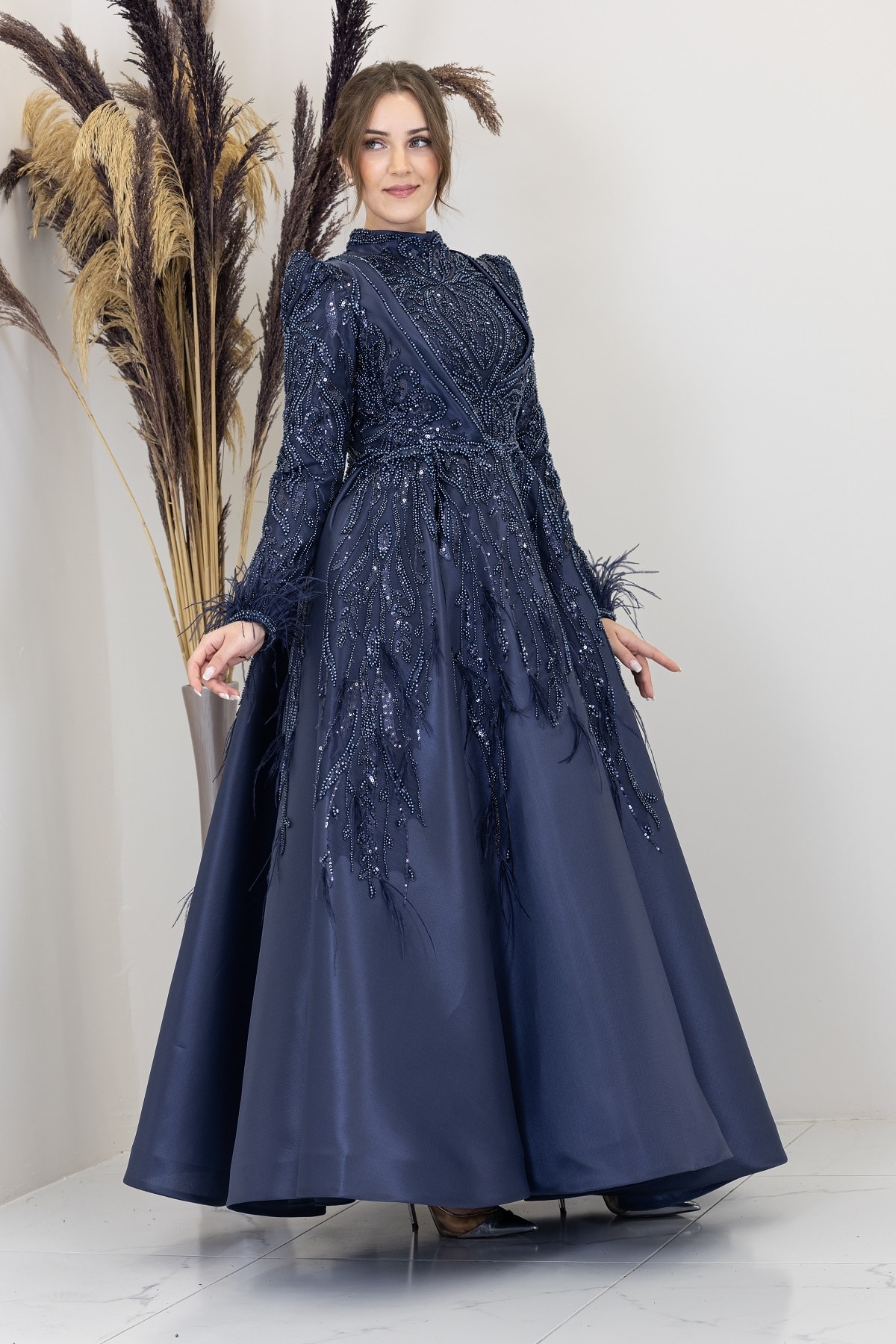Katre Evening Dress with Draped Front and Applique Embroidery