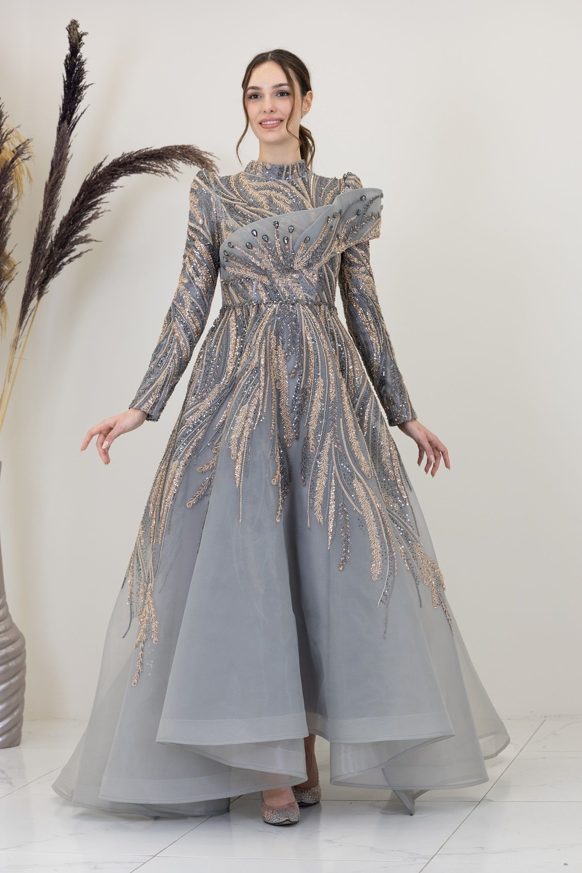 Yaren Evening Dress with Stone Front and Draped