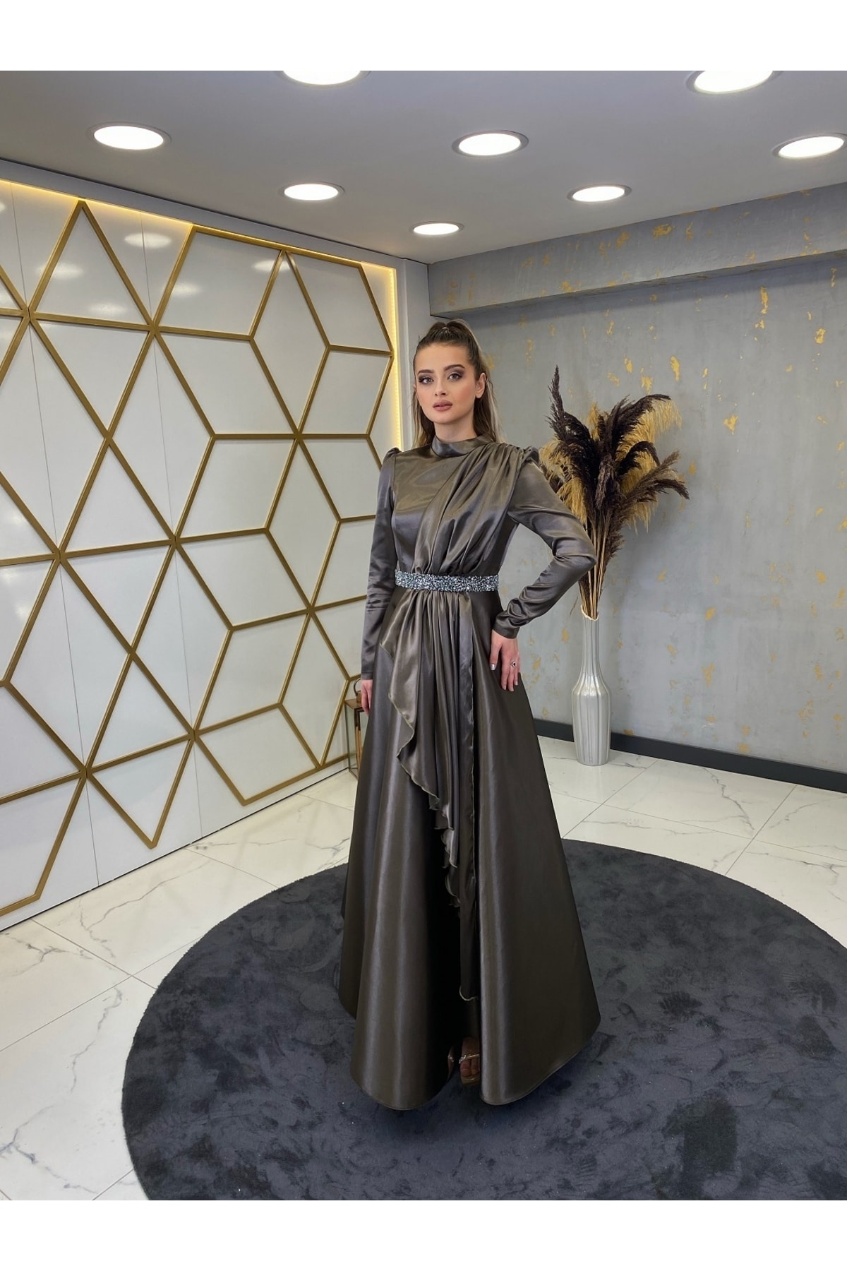 Suna Hijab Evening Dress with Stone Arch Smoked