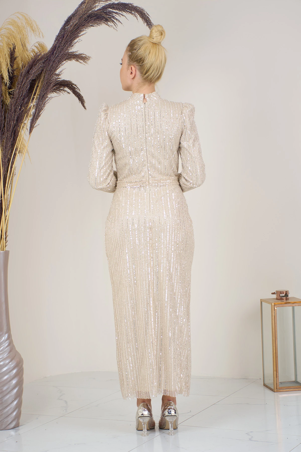 Tül Boncuk İşlemeli Bilek Boy  Asel Abiye - bej