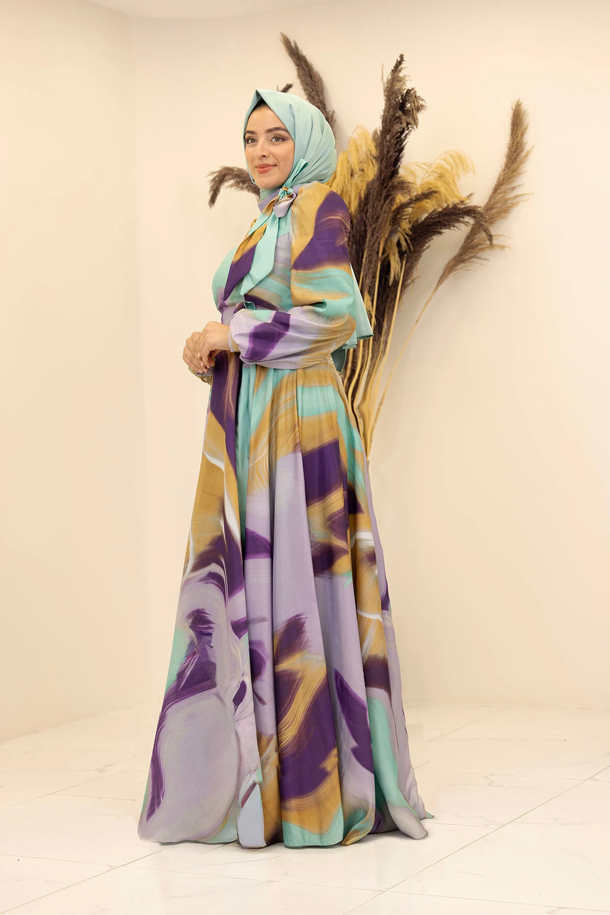 İpek Saten Kemerli Yakası Fiyonklu Desenli Ebruli Elbise - mint