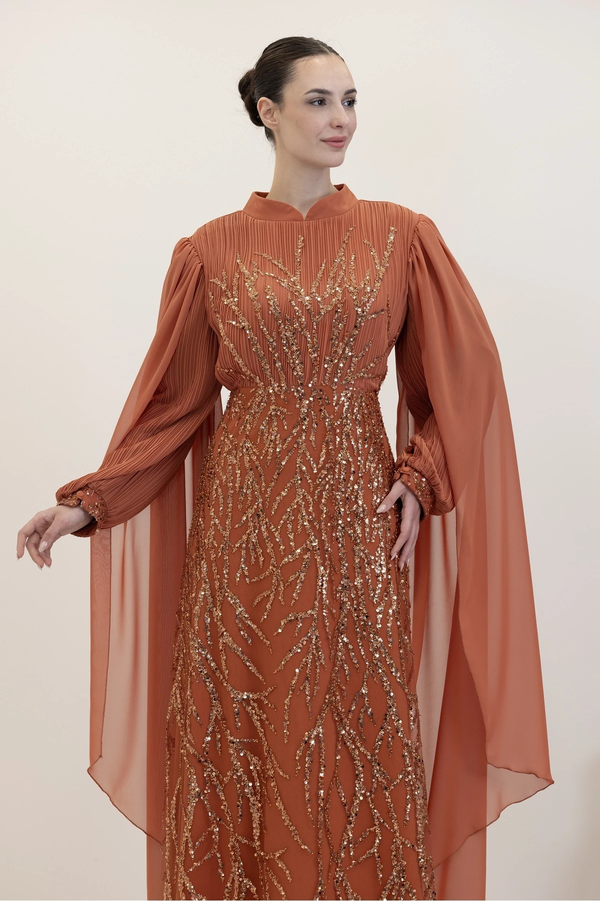 Kolları Pelerinli Ezgi Abiye - kiremit