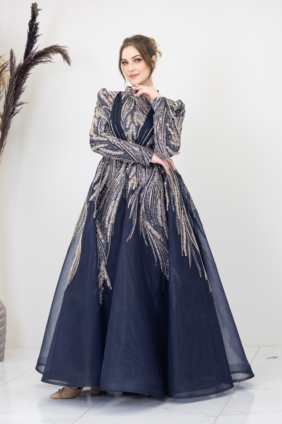 Kübra Evening Dress with Draped Front and Applique Embroidery