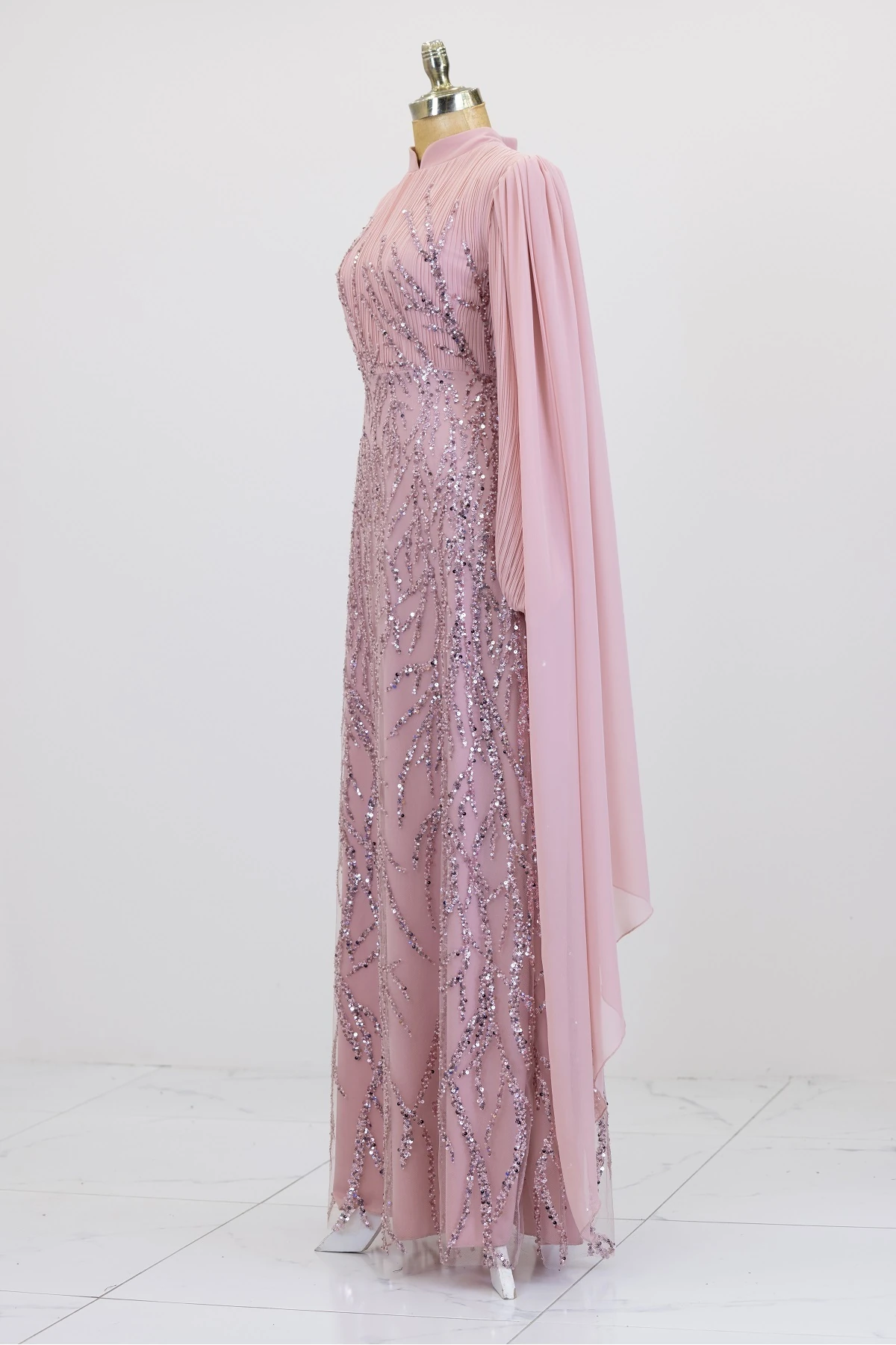 Kolları Pelerinli Ezgi Abiye - pudra