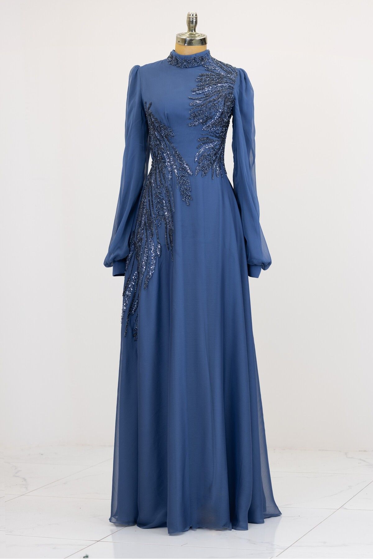 Draped Front, Beaded Embroidery Detailed Rainy Evening Dress