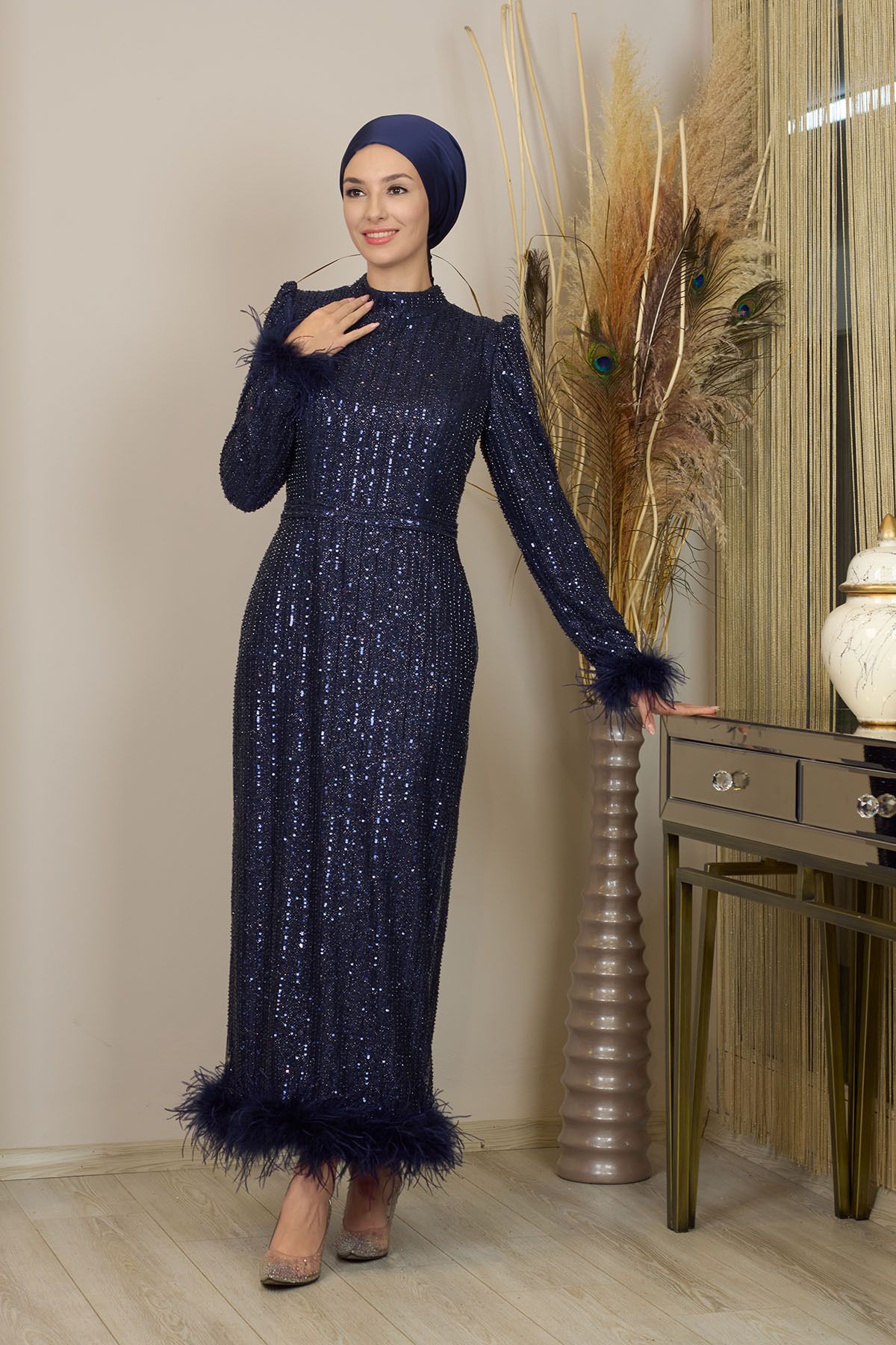 Ecrin Evening Dress with Hairy Bead Embroidery and Ankle Length  