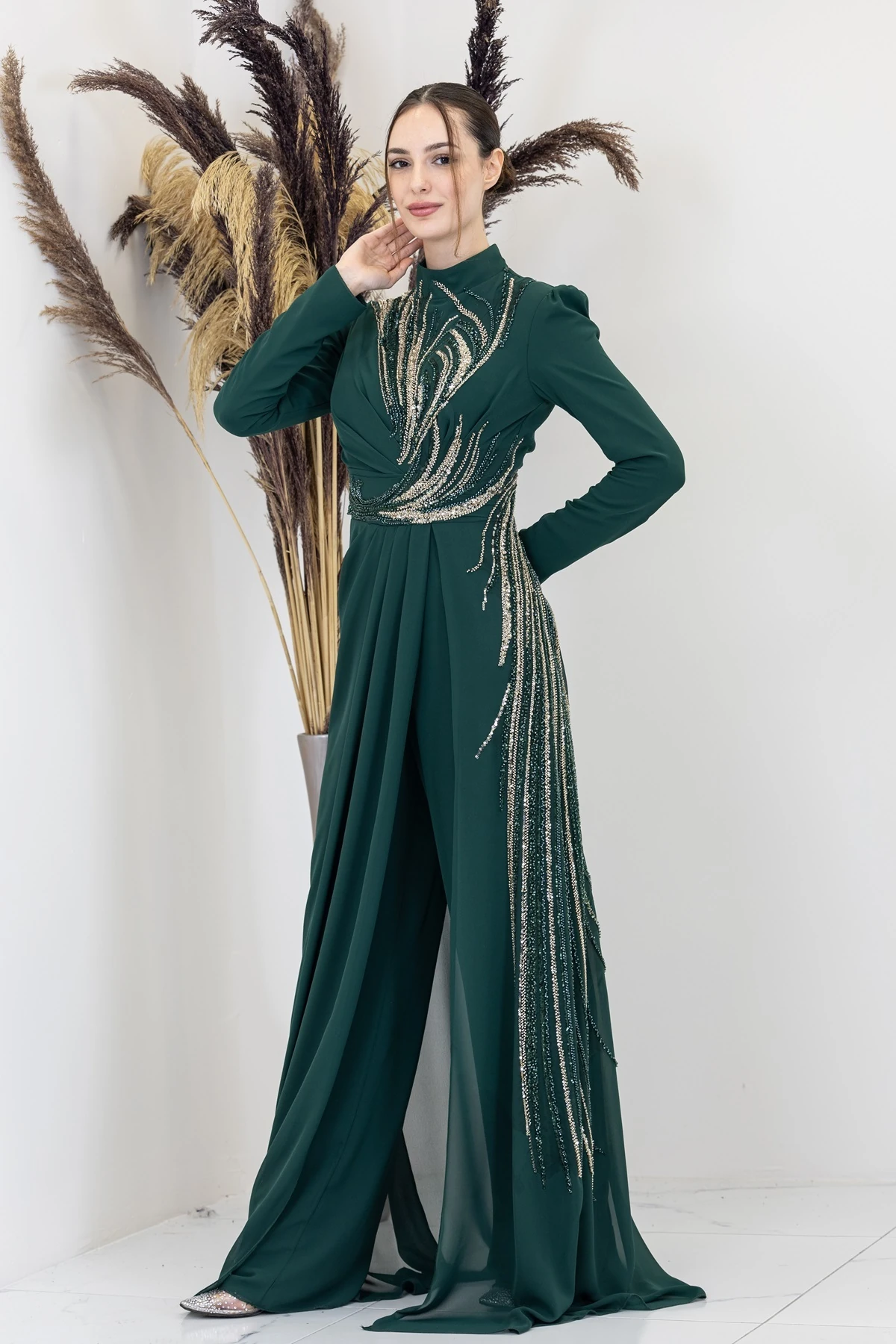 Önü Aplik İşlemeli Ebru Tulum - zümrüt