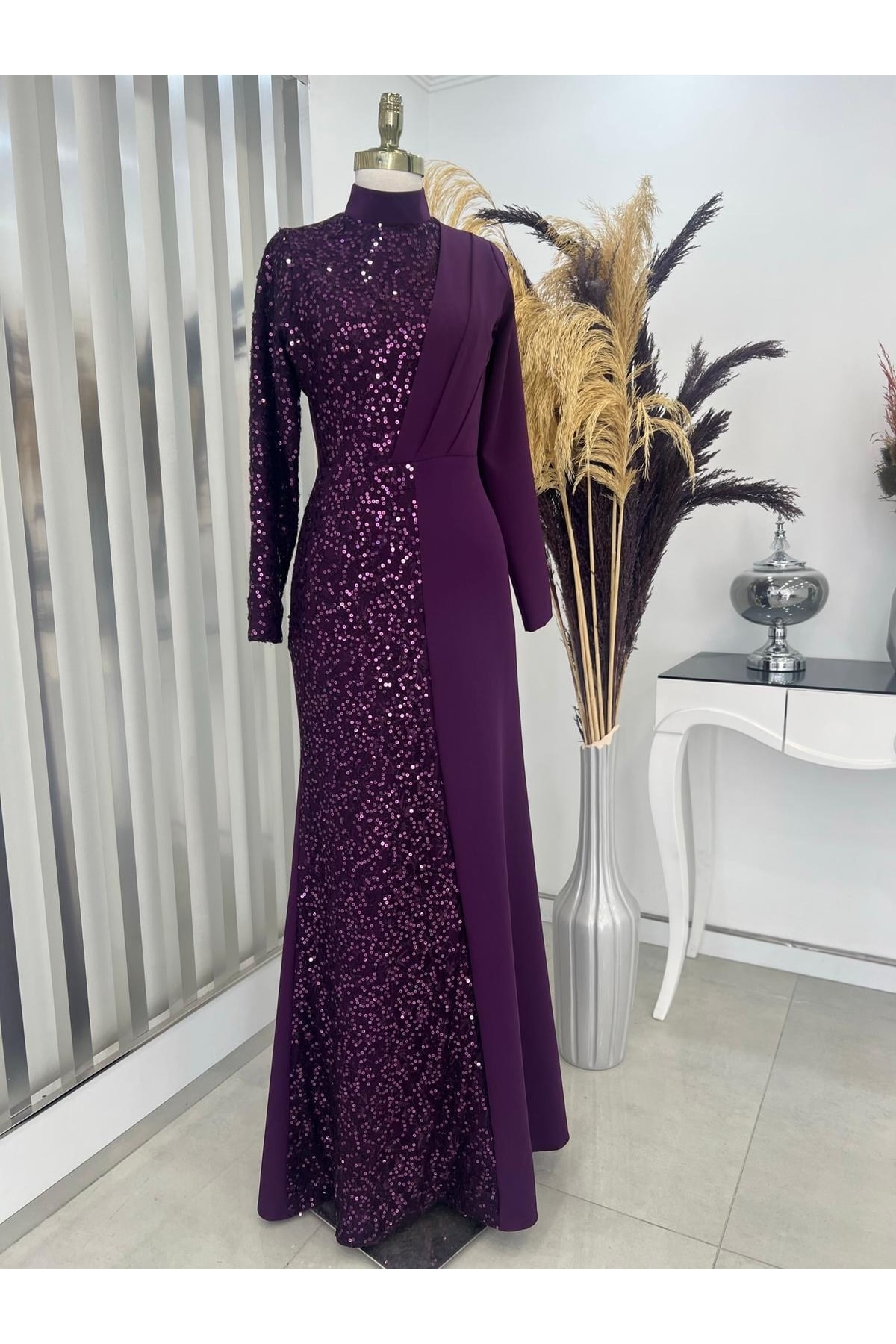 Payetli Açelya Hijab Evening Dress Plum