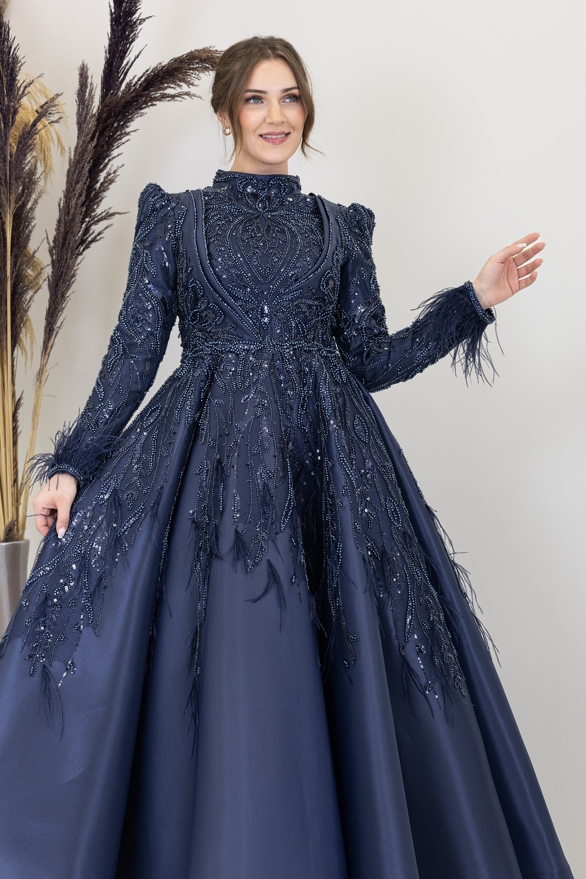 Katre Evening Dress with Draped Front and Applique Embroidery
