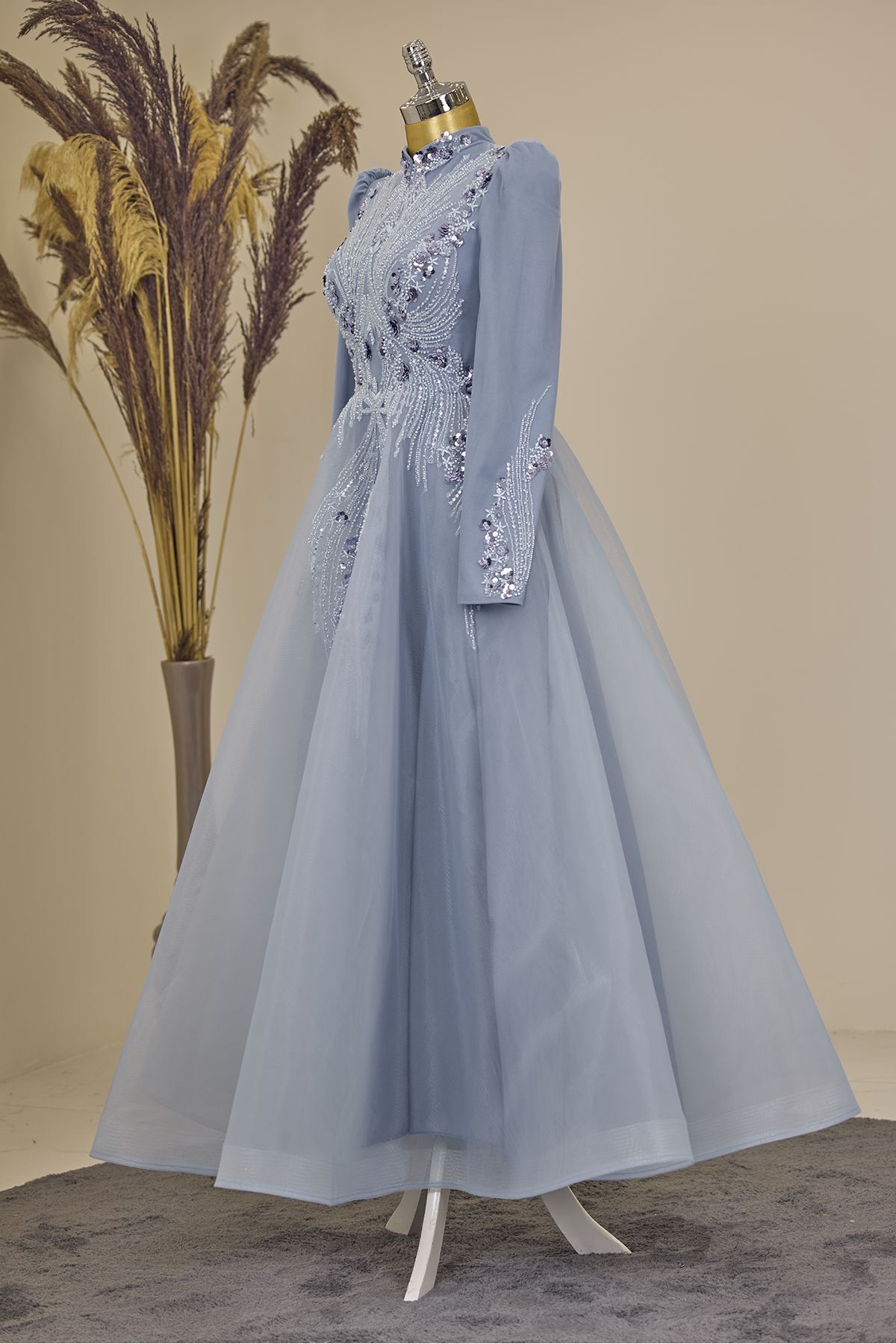 Önü Drapeli Aplik İşlemeli Asya  Abiye - bebe mavisi